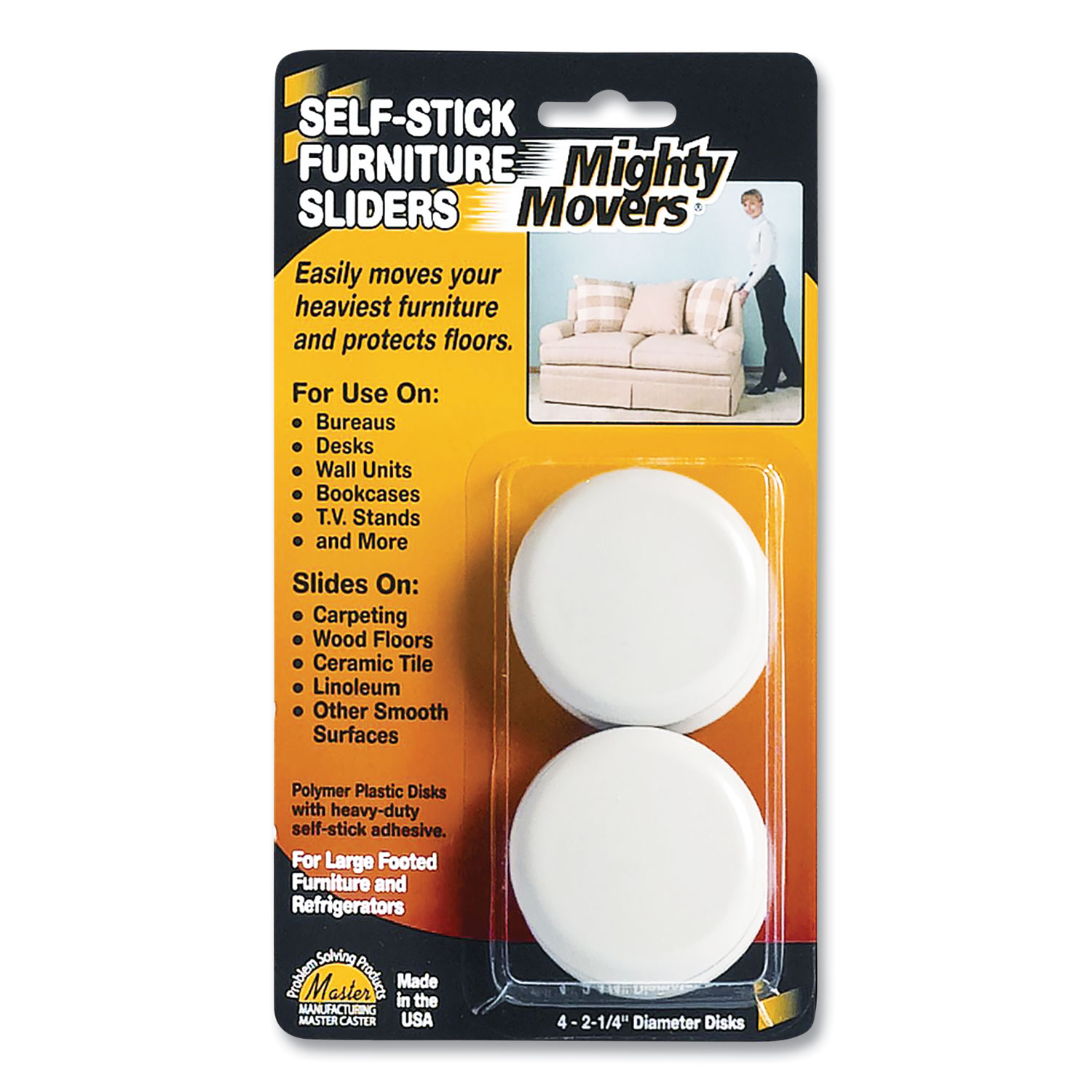 Mighty Movers Self-Stick Furniture Sliders, Round, 2.25″ Diameter, Beige, 4/Pack