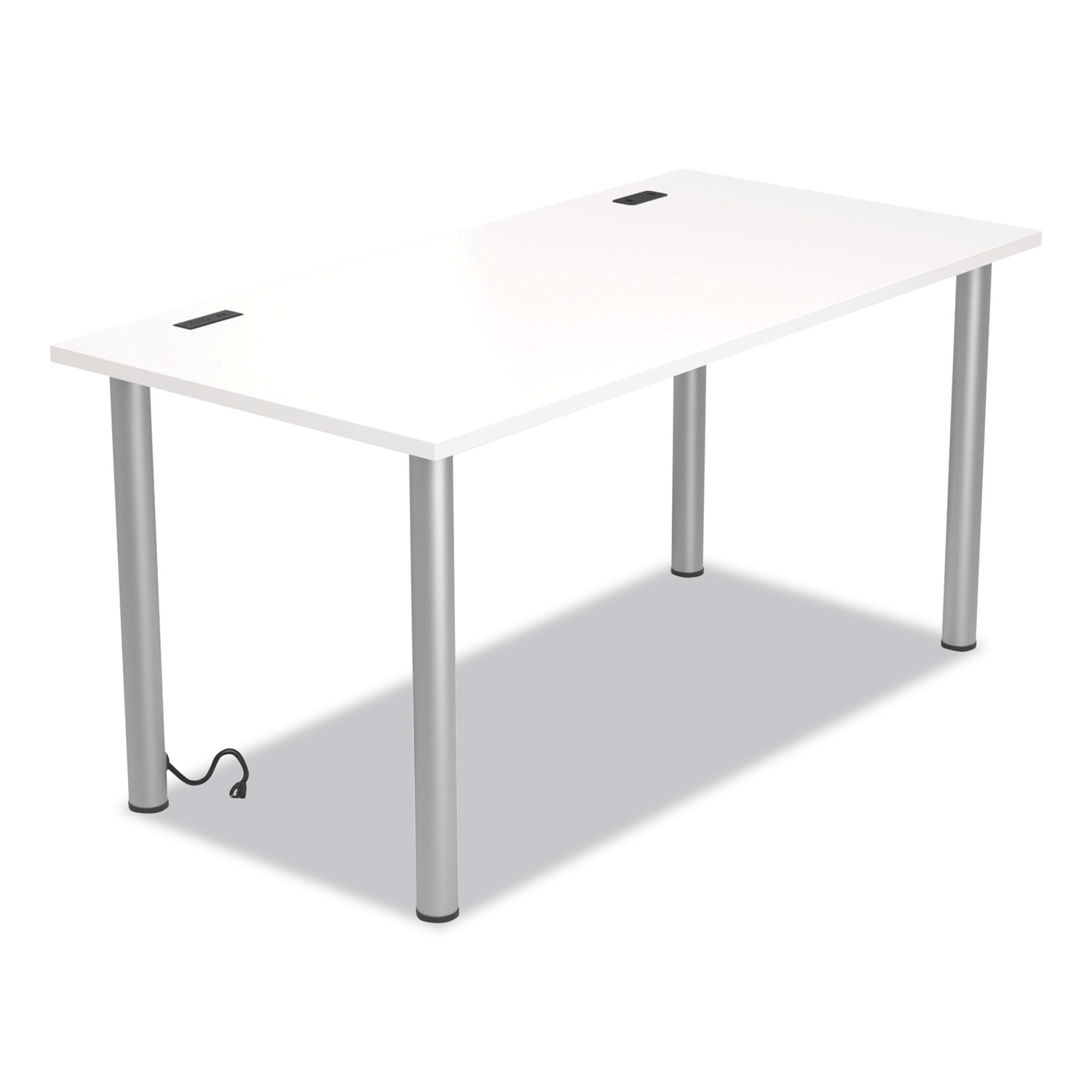 Essentials Writing Table-Desk with Integrated Power Management, 59.7″ x 29.3″ x 28.8″, White/Aluminum