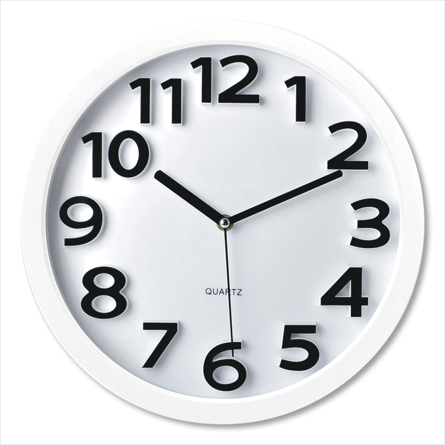 Wall Clock with Raised Numerals and Silent Sweep Dial, 13′ Overall Diameter, White Case, White Face, 1 AA (sold separately)