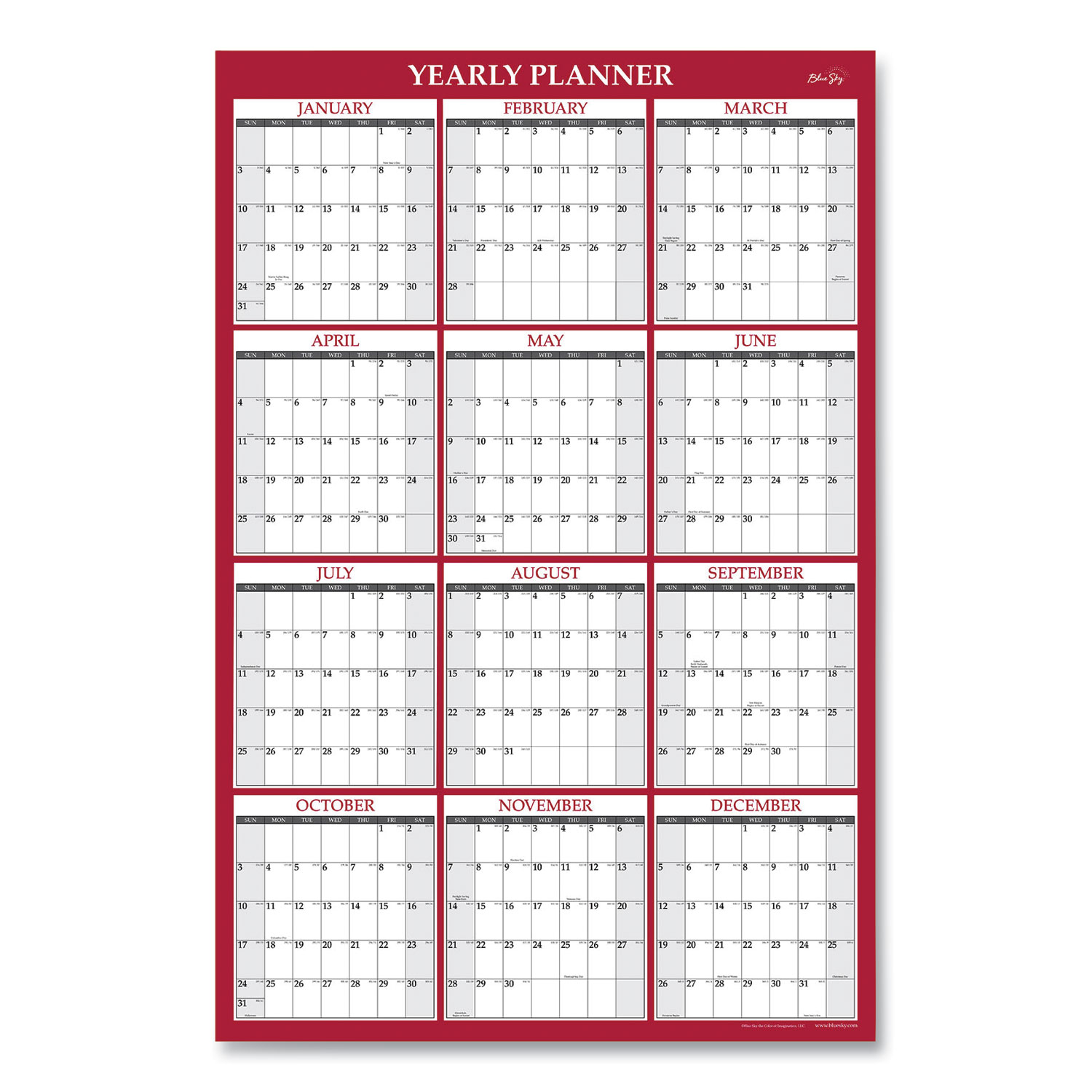 Blue Sky® Classic Red Laminated Erasable Wall Calendar, Classic Red