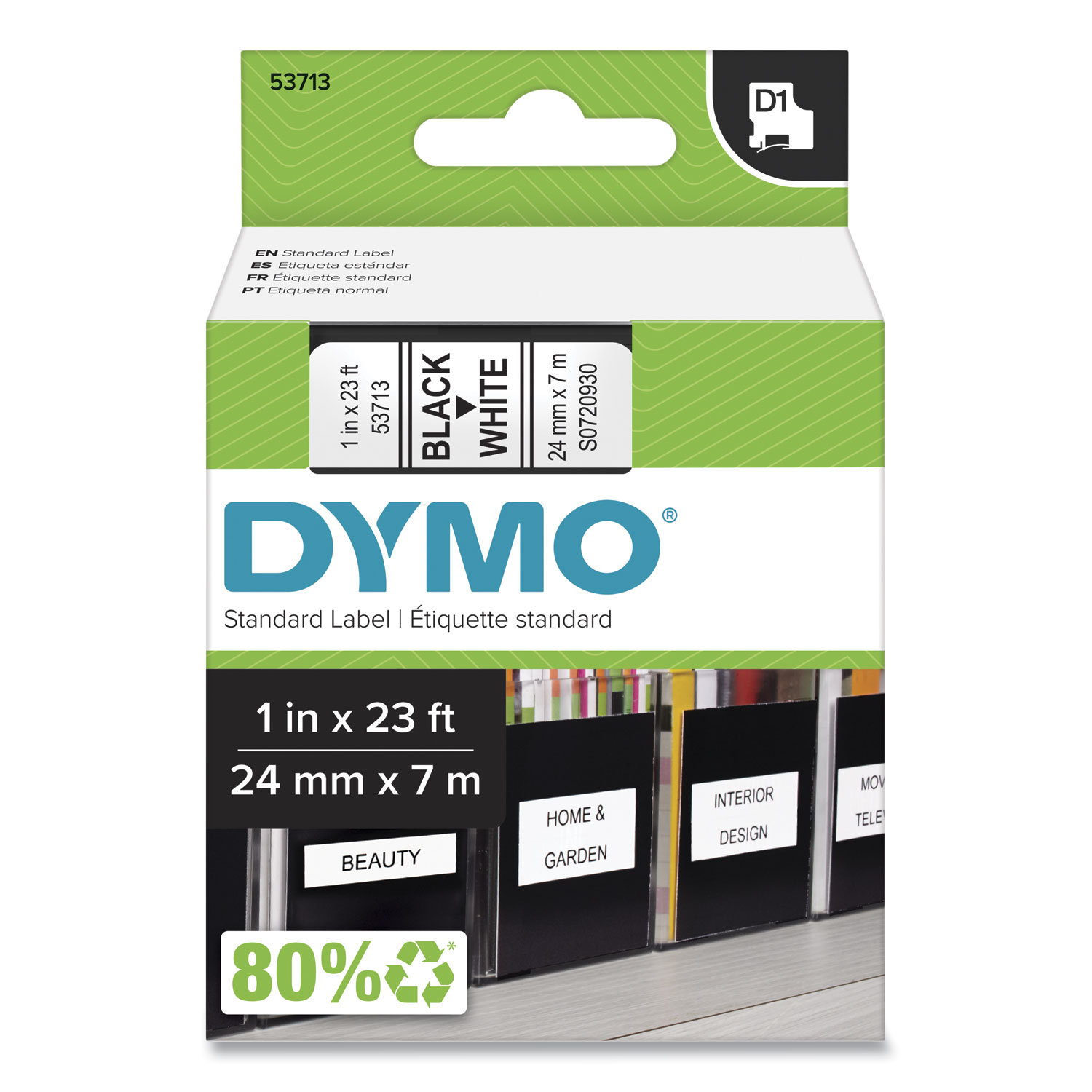 D1 High-Performance Polyester Removable Label Tape, 1″ x 23 ft, Black on White