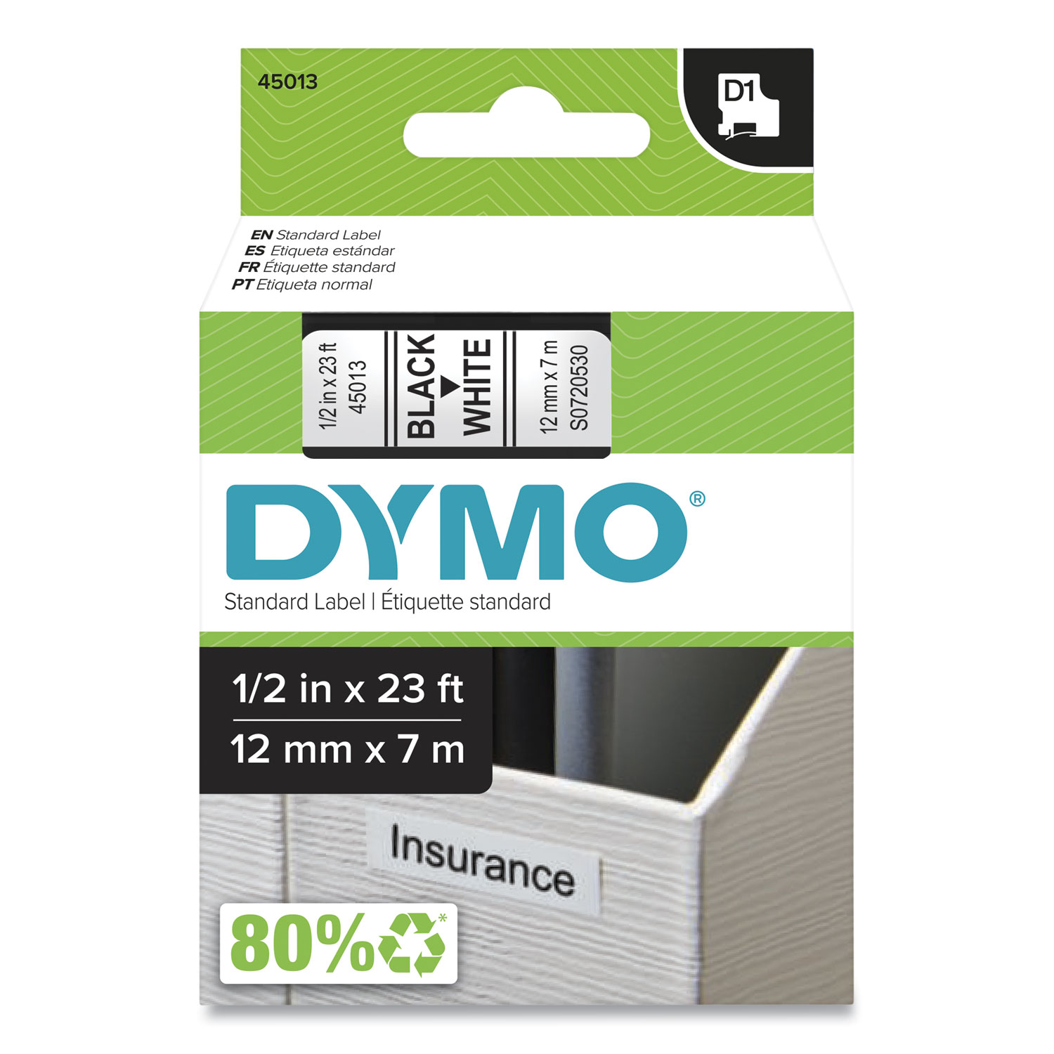 GENUINE DYMO D1 Labelling Tape 45013 Black on White 12 mm x 7 m S0720530 