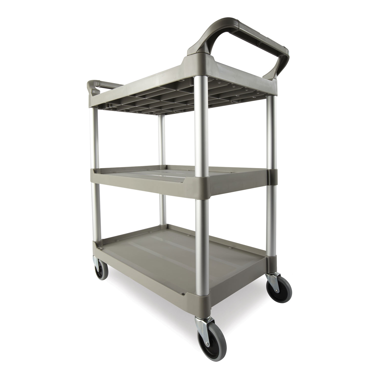 Three-Shelf Service Cart, Plastic, 3 Shelves, 200 lb Capacity, 18.63 x  33.63 x 37.75, Platinum - Zerbee