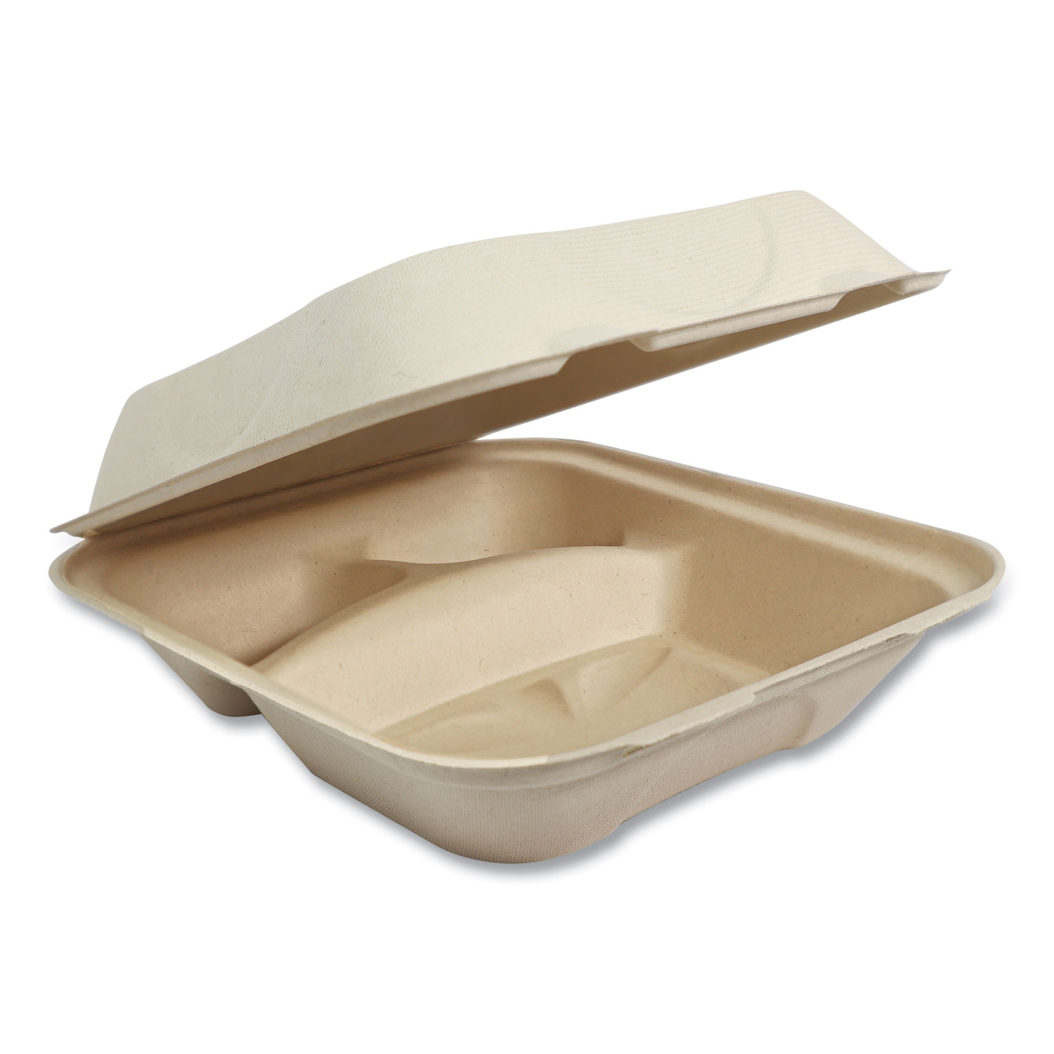 Fiber Hinged Containers, 3-Compartment, 8 x 8 x 3, Natural, Paper