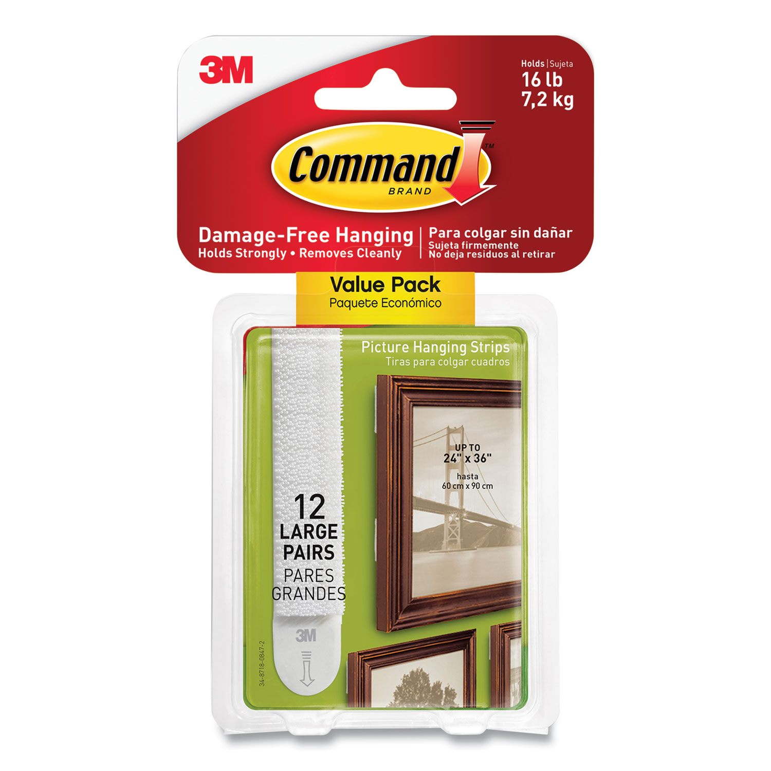 Command Picture Hanging Strips, Removable, Holds Up to 4 lbs per Pair,  Large, 0.63 x 3.63, White, 20 Pairs/Pack