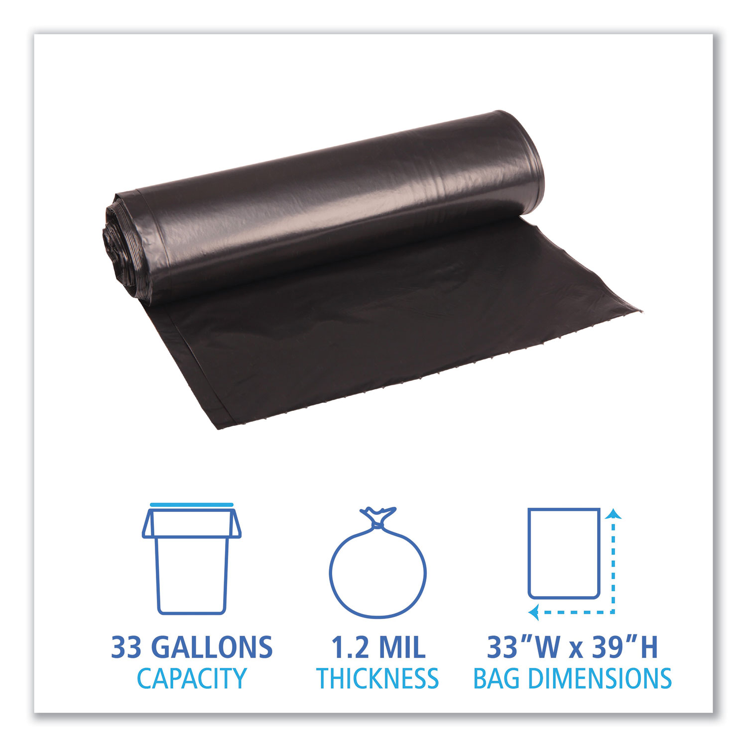 Highmark™ Draw And Tie Can Liners, 0.8 mil, 33 Gallons, 33 x 38, Black,  Box Of 150 - Zerbee
