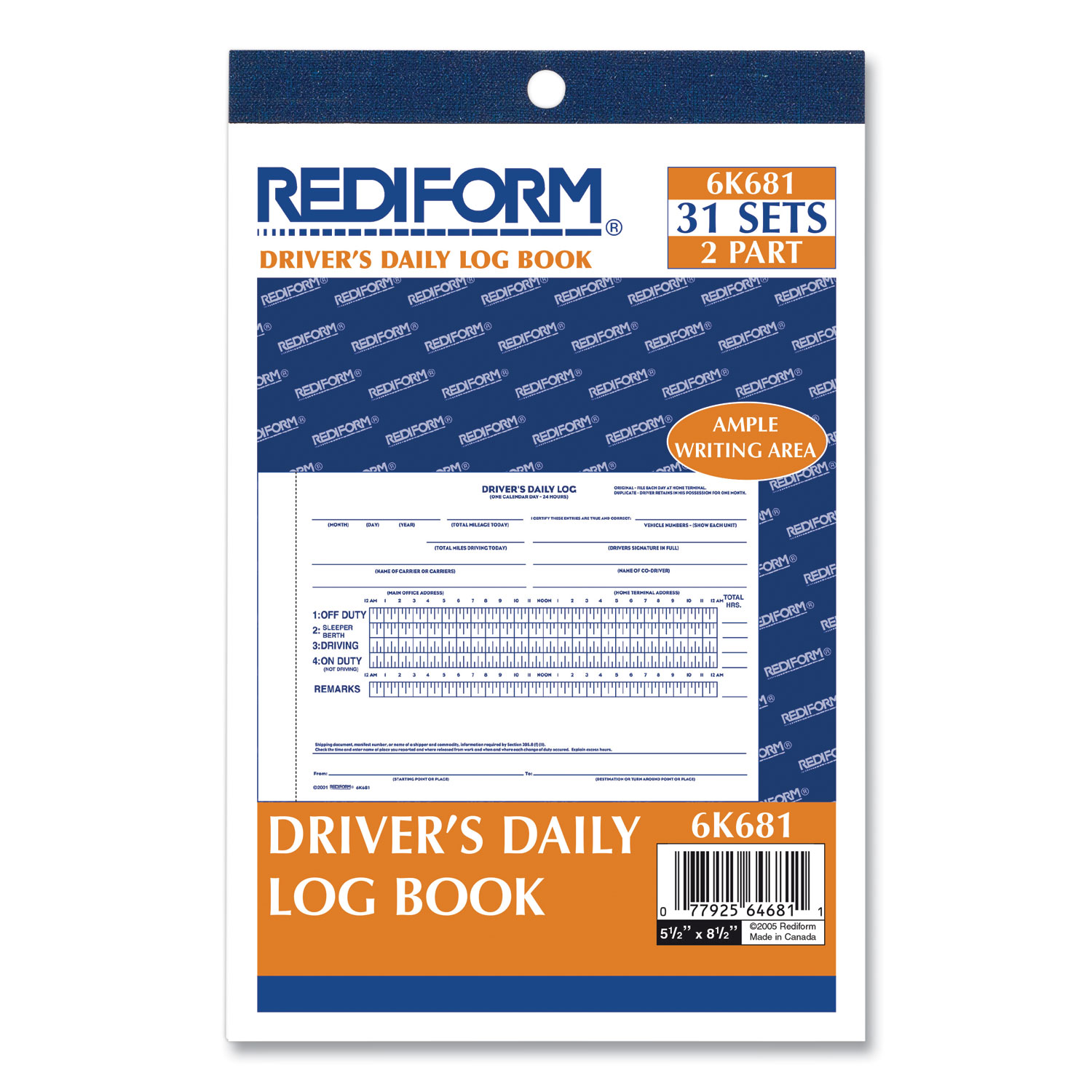 Driver's Daily Log Book w/Detailed DVIR, 70-Hour/8-Day Recap - Stock (Qty:  10 Units)