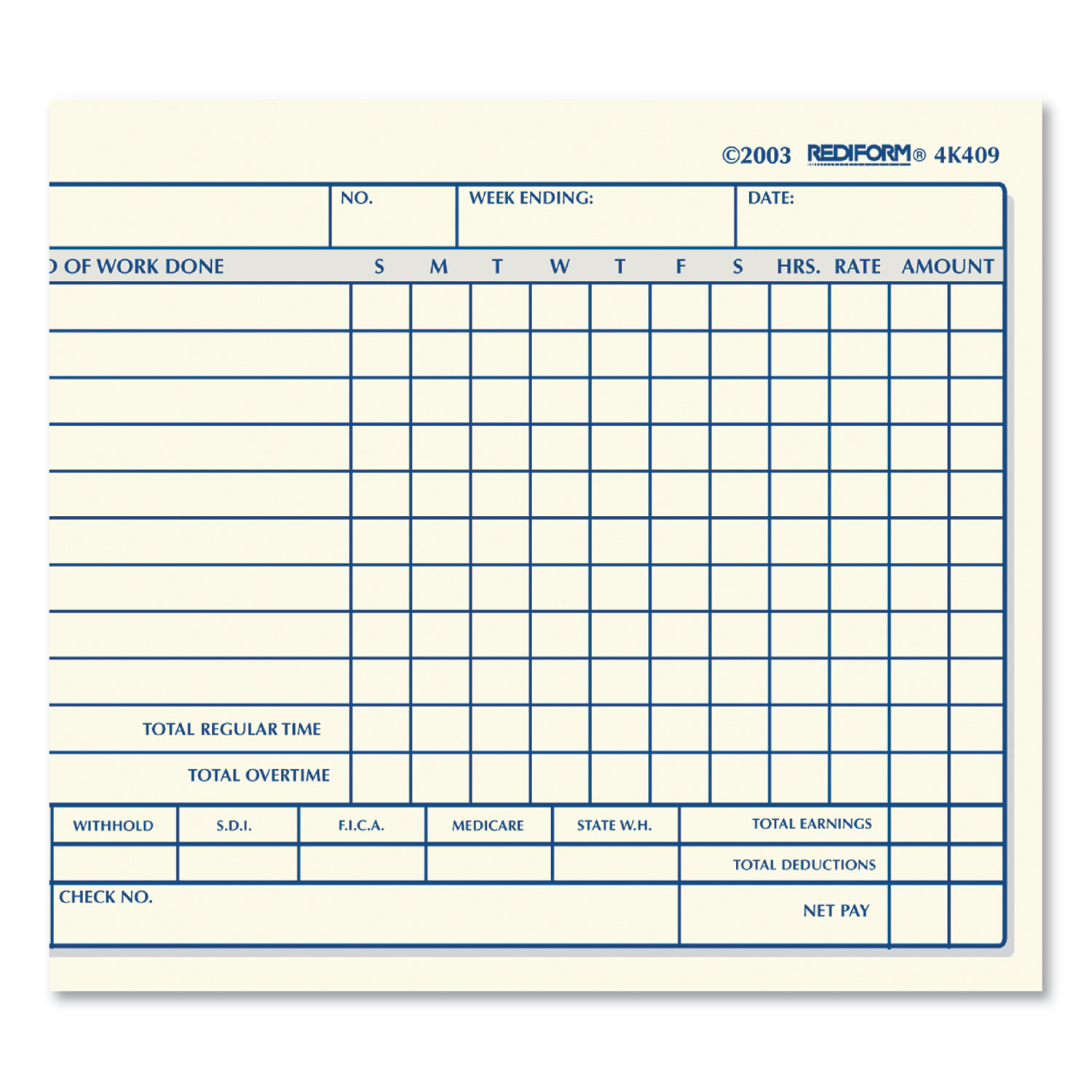 Pack Weekly Rediform Employee Time Card 4K409 2- 4.25 x 7 Inches 100 per Pad 