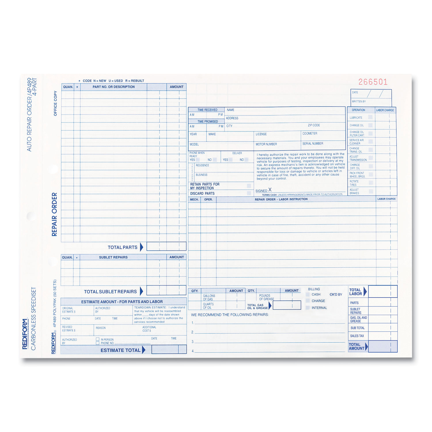 Speediset Four-Part Auto Repair Form, Four-Part Carbonless, 11 x 8.5 ...