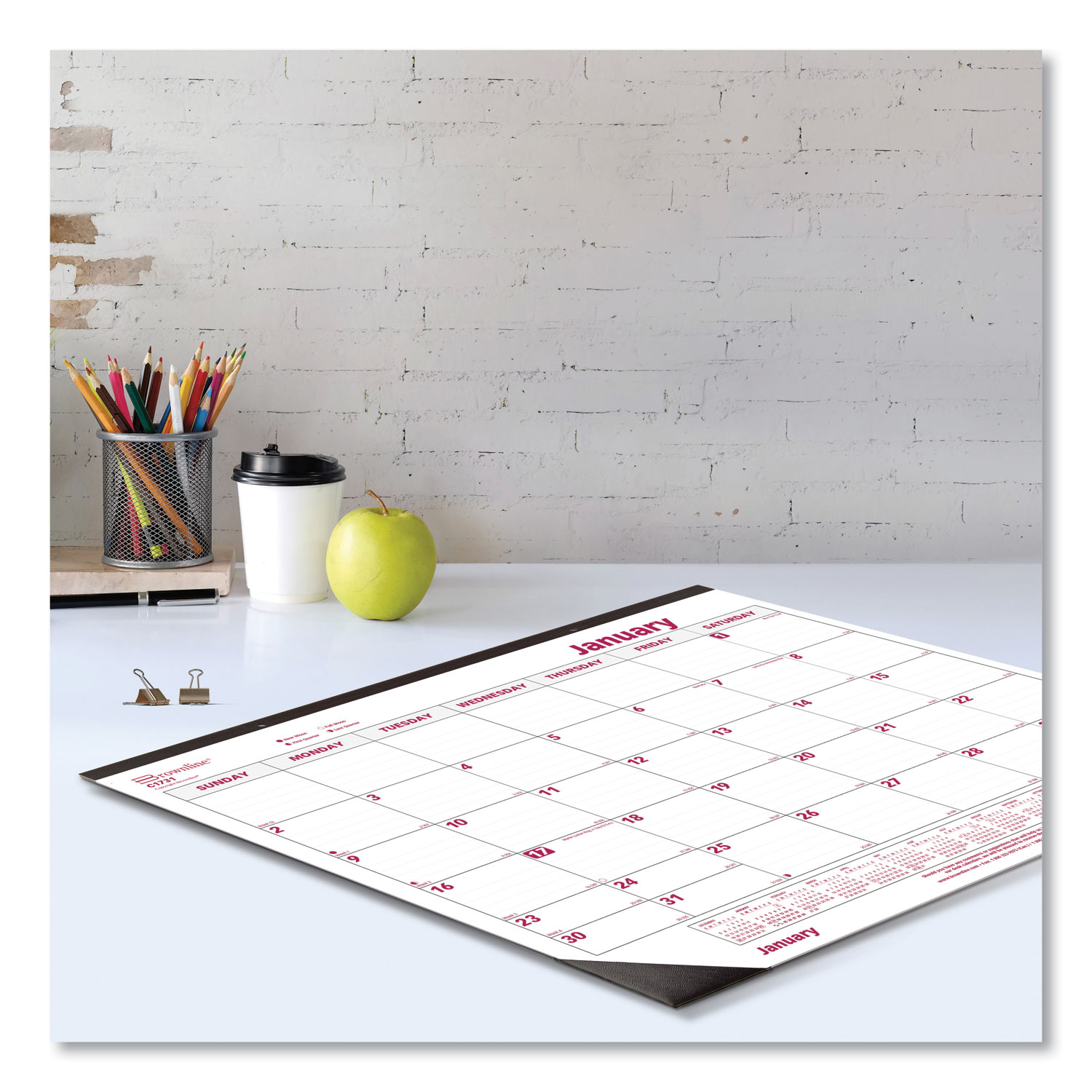 Monthly Desk Pad Calendar, 22 x 17, White/Burgundy Sheets, Black