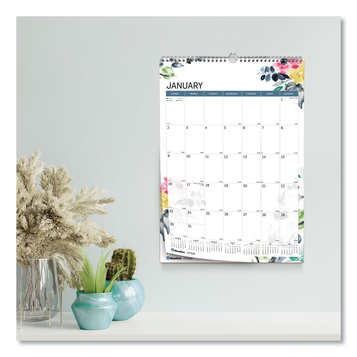 12Month Colorful Wall Calendar, Watercolor Floral Artwork, 12 x 17