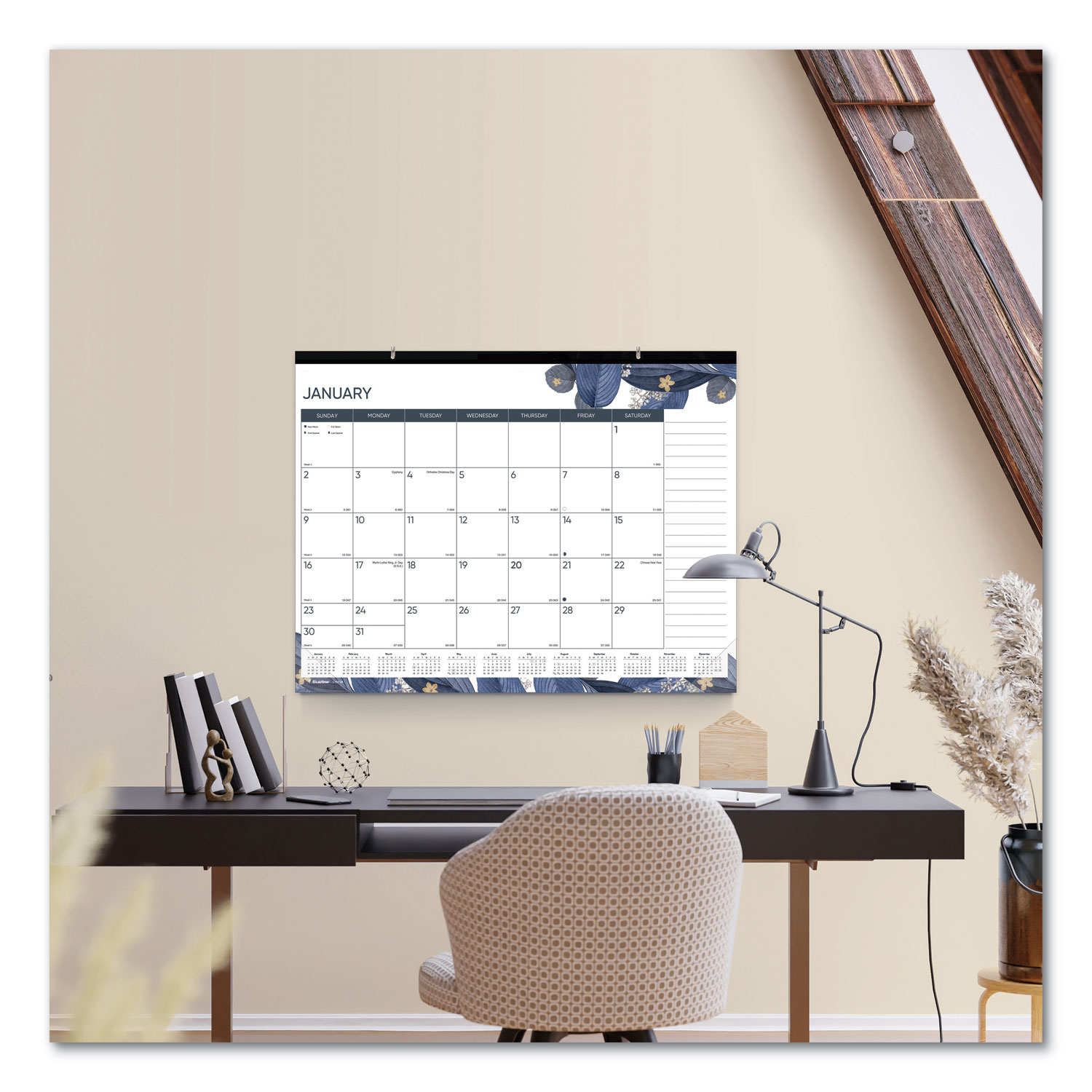Blueline® Monthly Desk Pad Calendar, Gold Detail Floral Artwork, 22 x