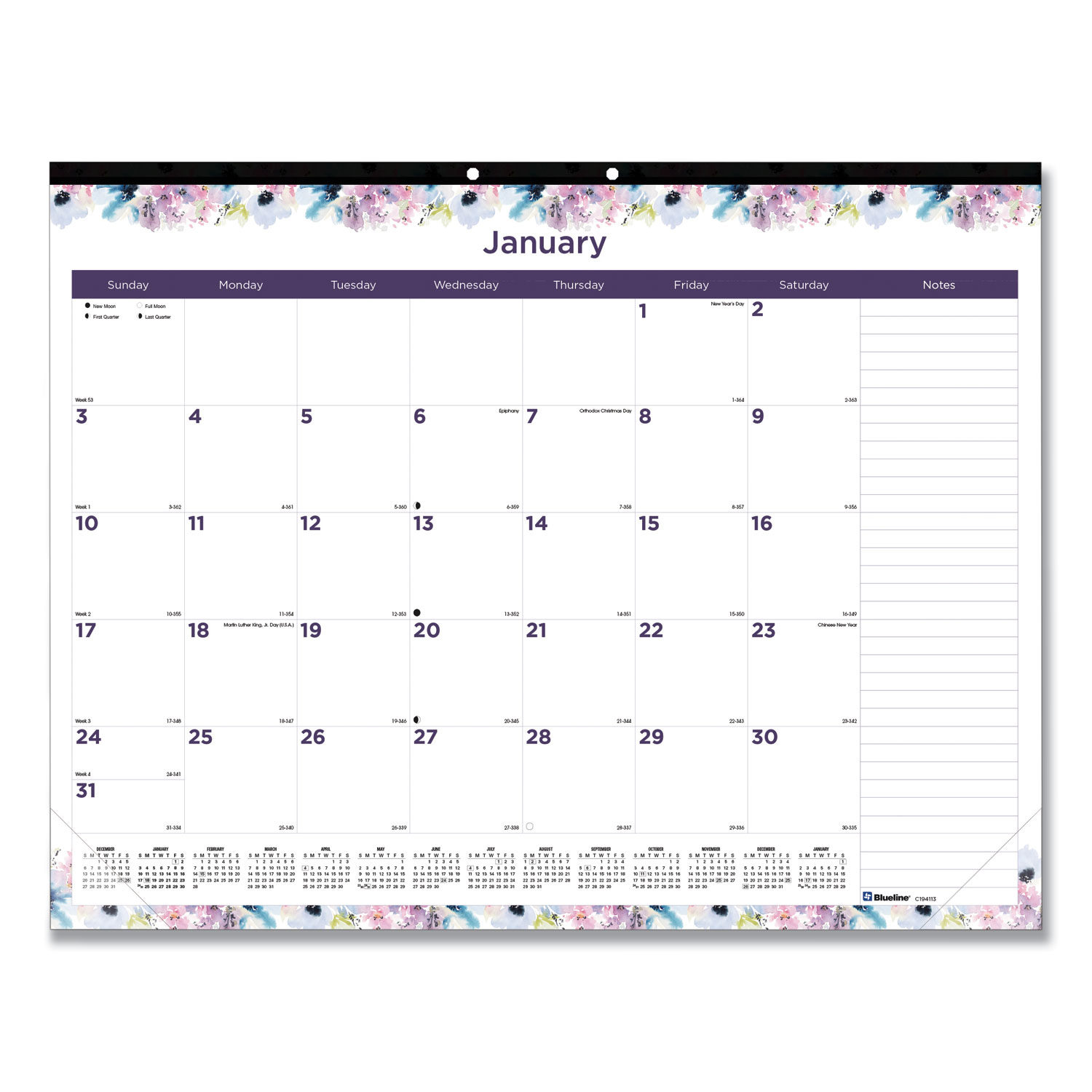Passion Monthly Deskpad Calendar, Floral Artwork, 22 x 17, White