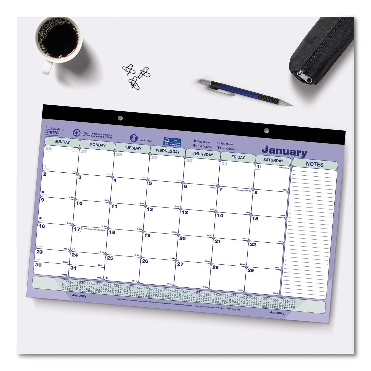 Monthly Desk Pad Calendar, 17.75 x 10.88, White/Blue/Green Sheets