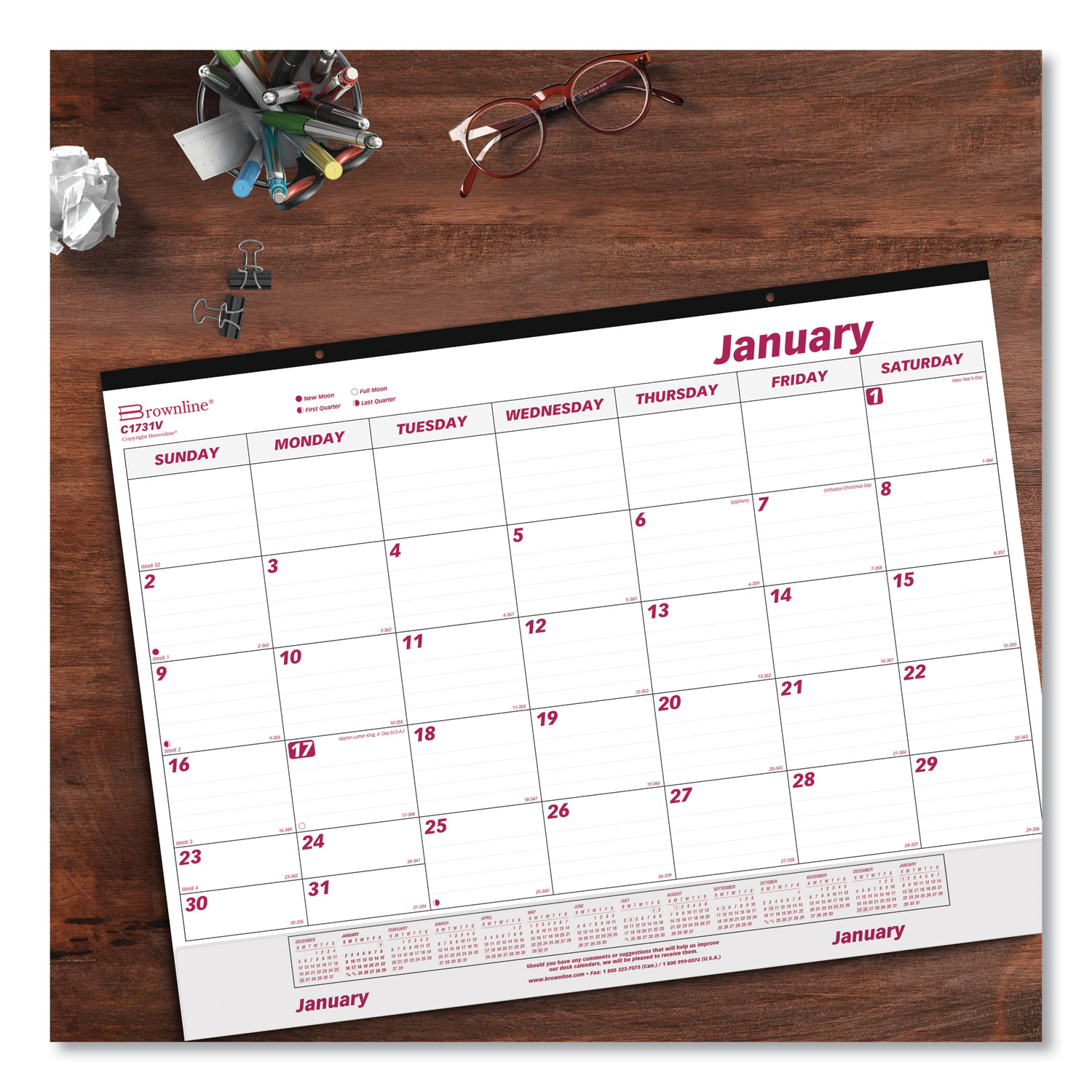 Monthly Desk Pad Calendar 22 x 17 White/Burgundy Sheets Black