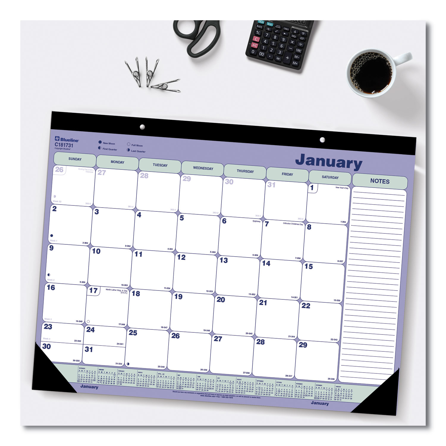 Blueline® Monthly Desk Pad Calendar, 21.25 x 16, White/Blue/Green