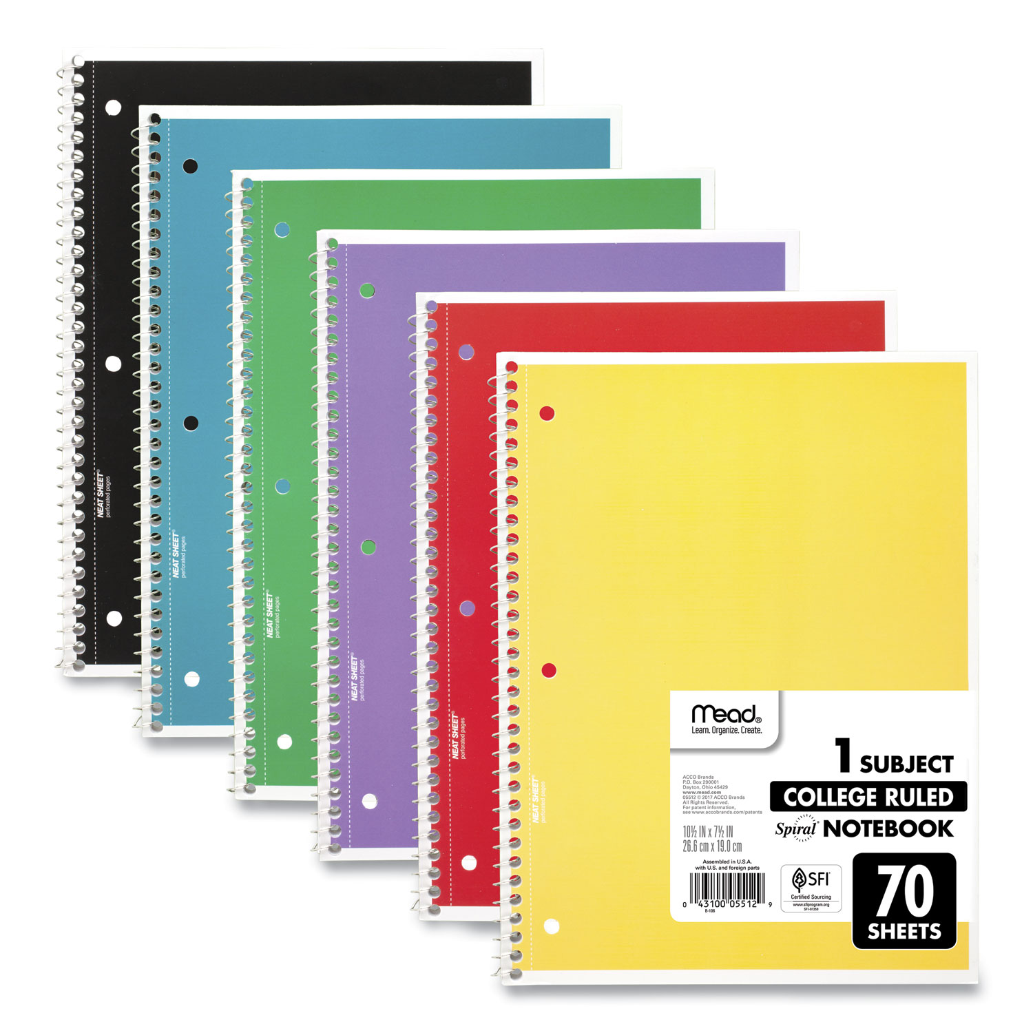 70 Sheets Spiral Notebook 1 Subject Wide Ruled 10.5" x 8" Multi-color Lot of 5 