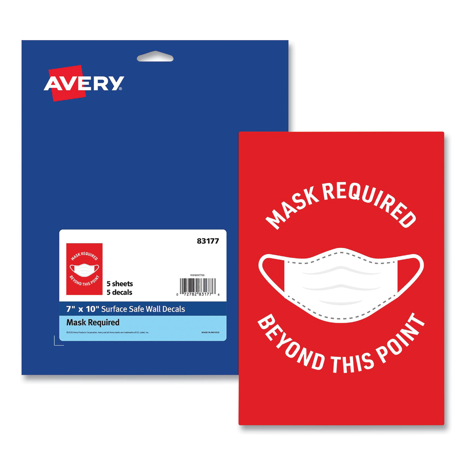 Preprinted Surface Safe Wall Decals, 7 x 10, Mask Required Beyond This Point, Red Face, White Graphics, 5/Pack