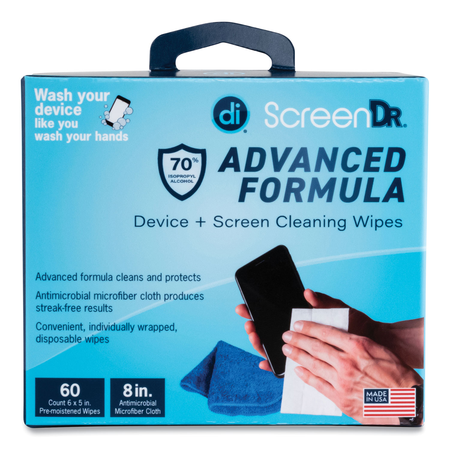 ScreenDr Device and Screen Cleaning Wipes, Includes 60 Individually Wrapped Wipes and 8″ Microfiber Cloth, 6 x 5, White