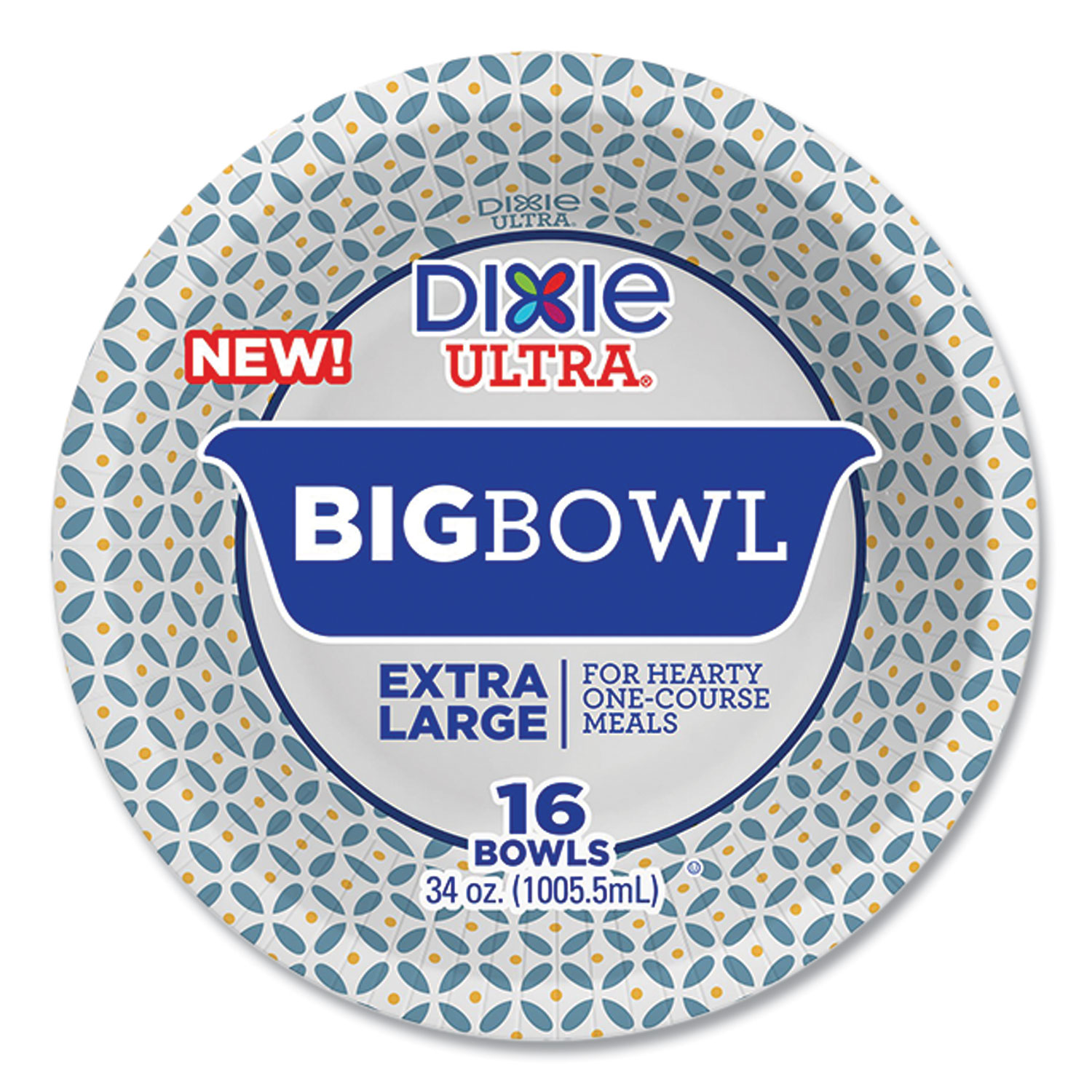 Heavy-Duty Big Bowls, 34 oz, Blue/Yellow/White, 16/Pack