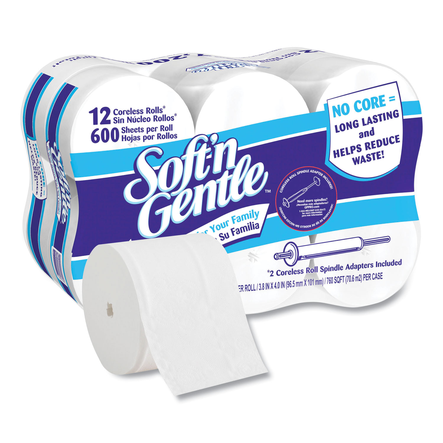 Soft'n Gentle 2-Ply Coreless Toilet Paper, Septic Safe, White, 600 Sheets/Roll,  12 Rolls/Carton - Reliable Paper