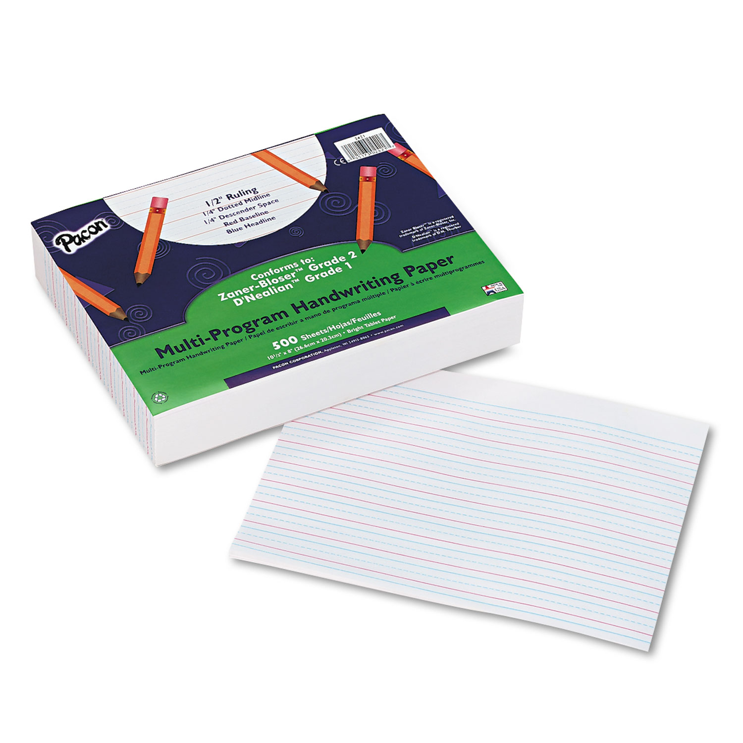 Multi-Program Handwriting Paper, 16 lb, 1/2" Long Rule, One-Sided, 8 x 10.5, 500/Pack