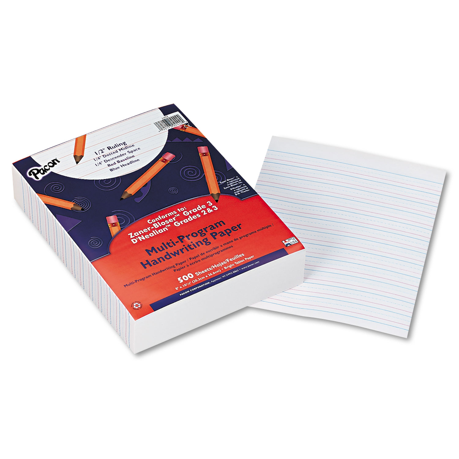  Pacon 2422 Multi-Program Handwriting Paper, 16 lb, 1/2 Short Rule, One-Sided, 8 x 10.5, 500/Pack (PAC2422) 
