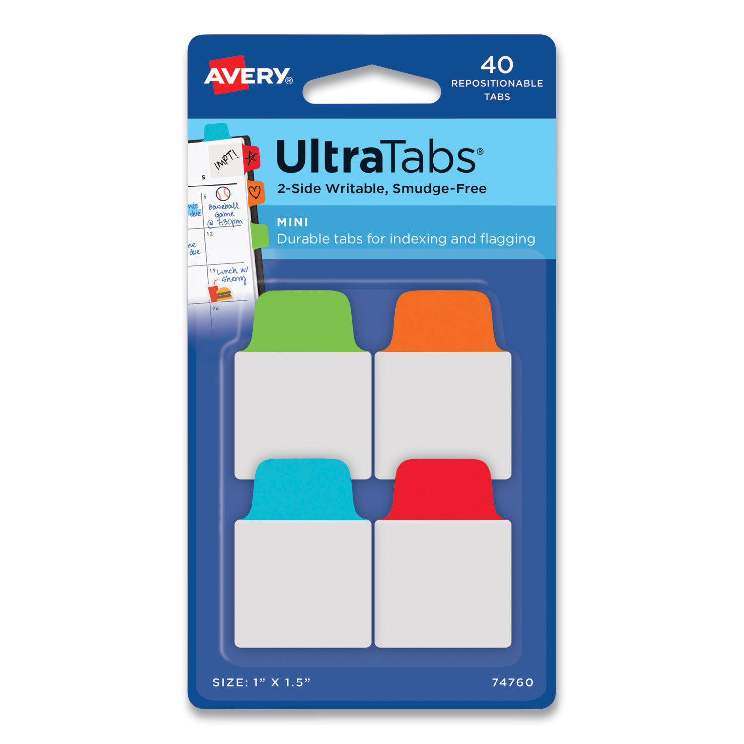 Ultra Tabs Repositionable Tabs, Mini Tabs: 1″ x 1.5″, 1/5-Cut, Assorted Colors, 40/Pack