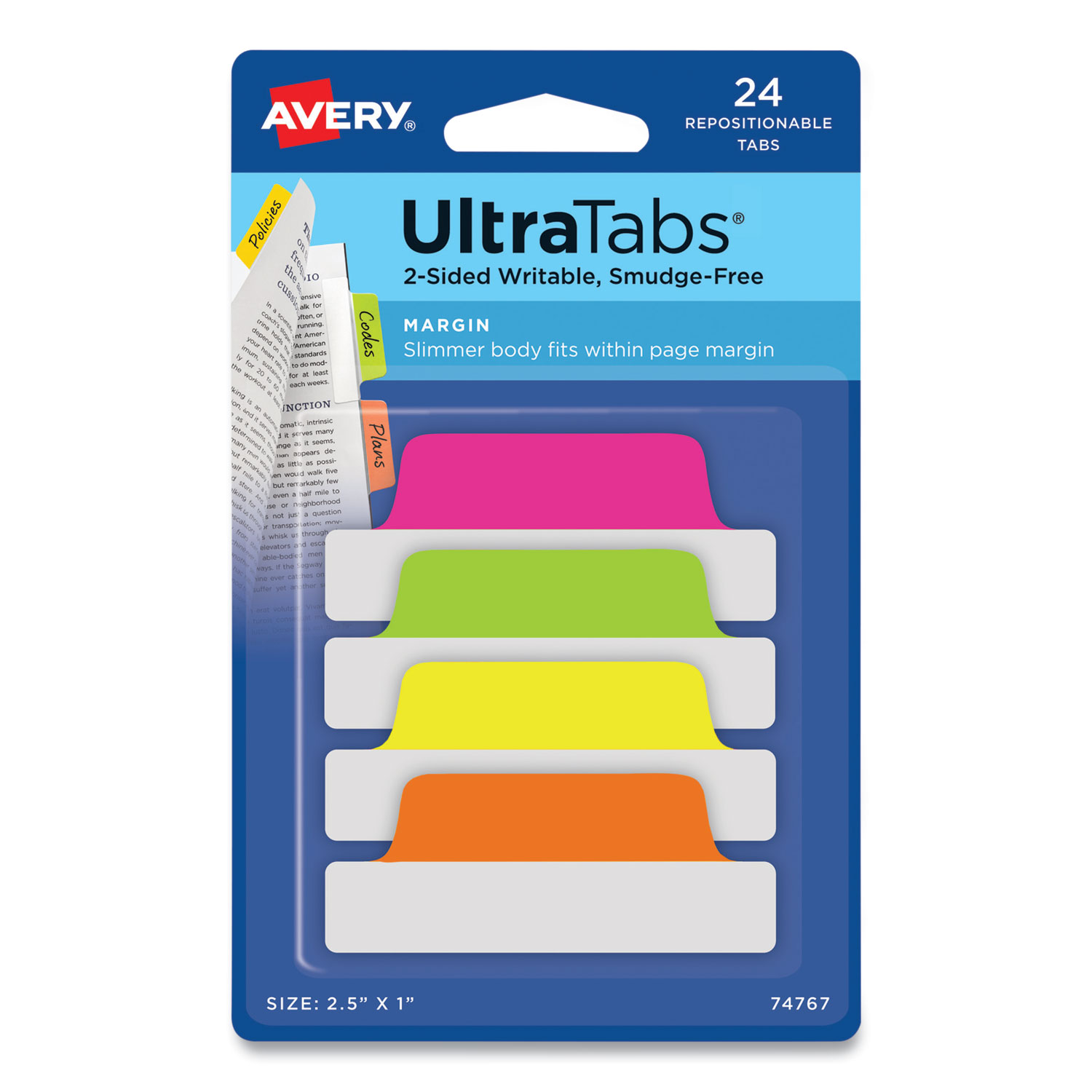 Ultra Tabs Repositionable Tabs, Margin Tabs: 2.5″ x 1″, 1/5-Cut, Assorted Neon Colors, 24/Pack