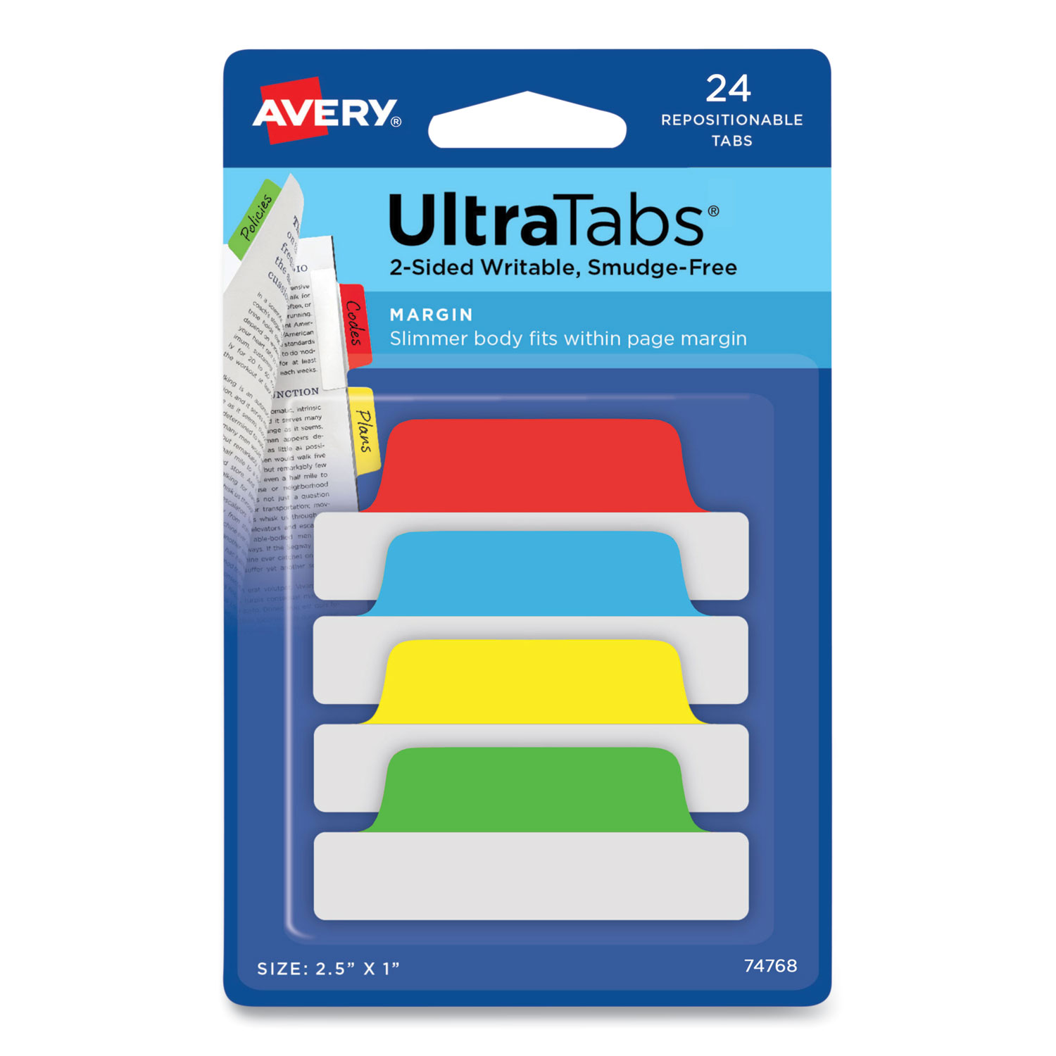 Ultra Tabs Repositionable Tabs, Margin Tabs: 2.5″ x 1″, 1/5-Cut, Assorted Colors, 24/Pack