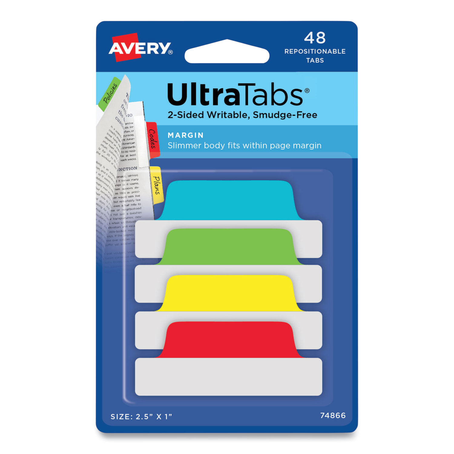 Ultra Tabs Repositionable Tabs, Margin Tabs: 2.5″ x 1″, 1/5-Cut, Assorted Colors, 48/Pack