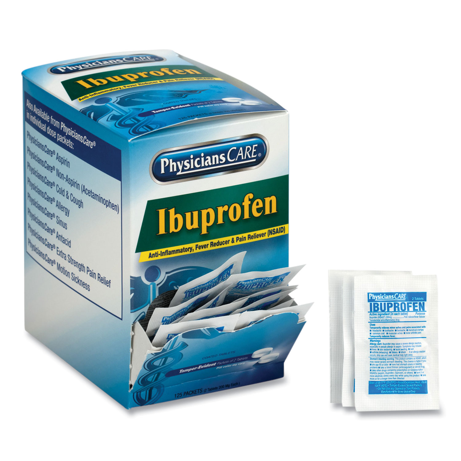 Ibuprofen Pain Reliever, Two-Pack, 125 Packs/Box - ValetPress