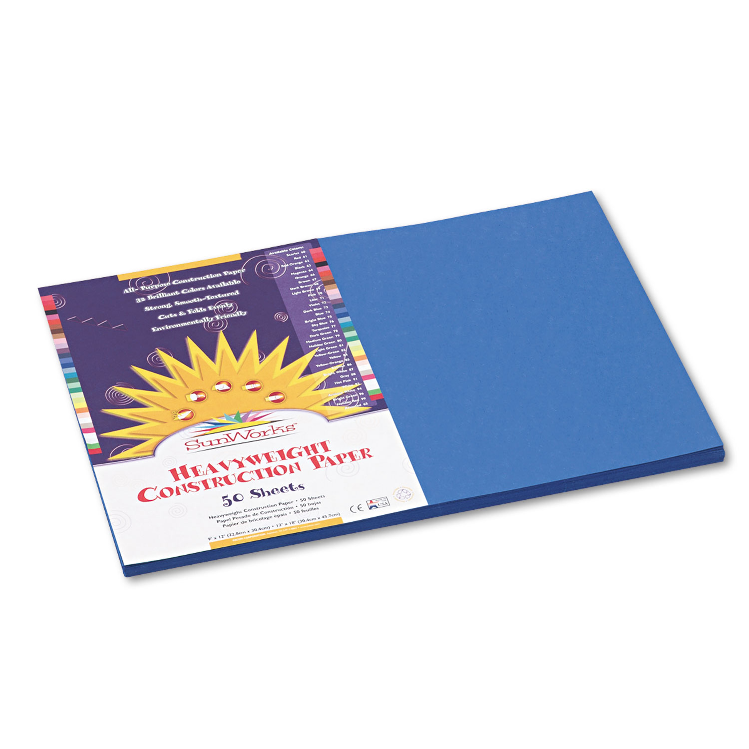  SunWorks 7507 Construction Paper, 58lb, 12 x 18, Bright Blue, 50/Pack (PAC7507) 