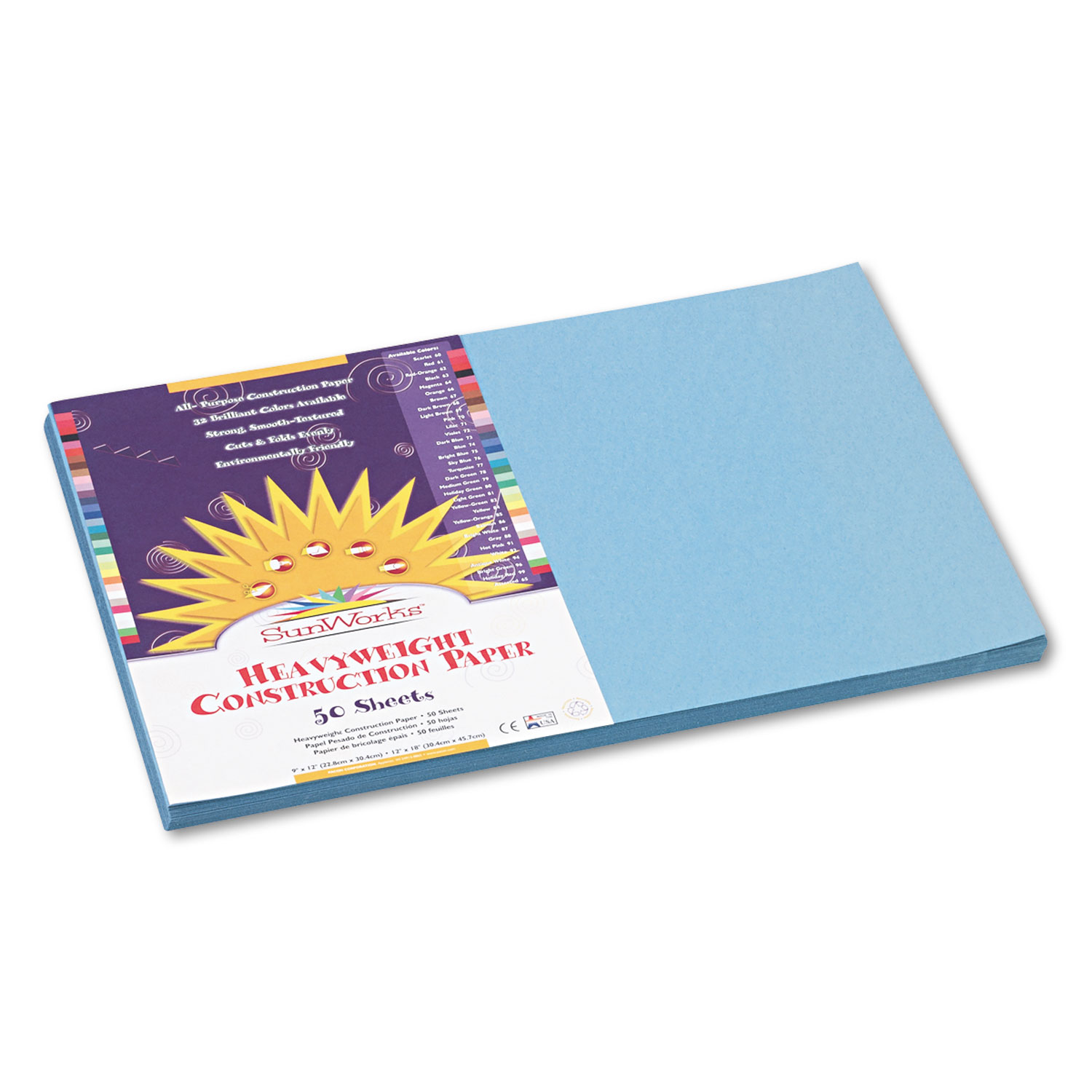  SunWorks 7607 Construction Paper, 58lb, 12 x 18, Sky Blue, 50/Pack (PAC7607) 