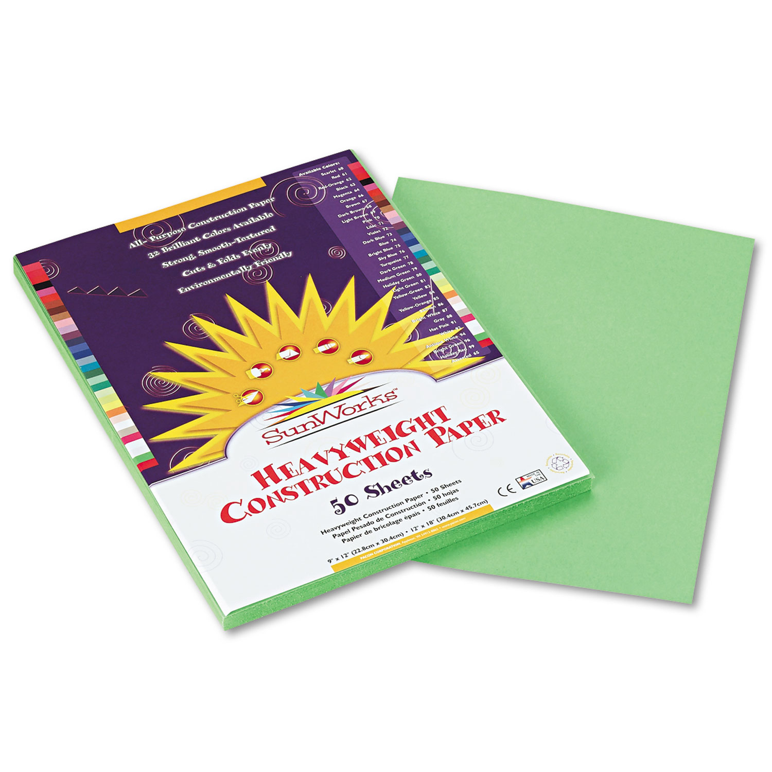  SunWorks 8103 Construction Paper, 58lb, 9 x 12, Light Green, 50/Pack (PAC8103) 