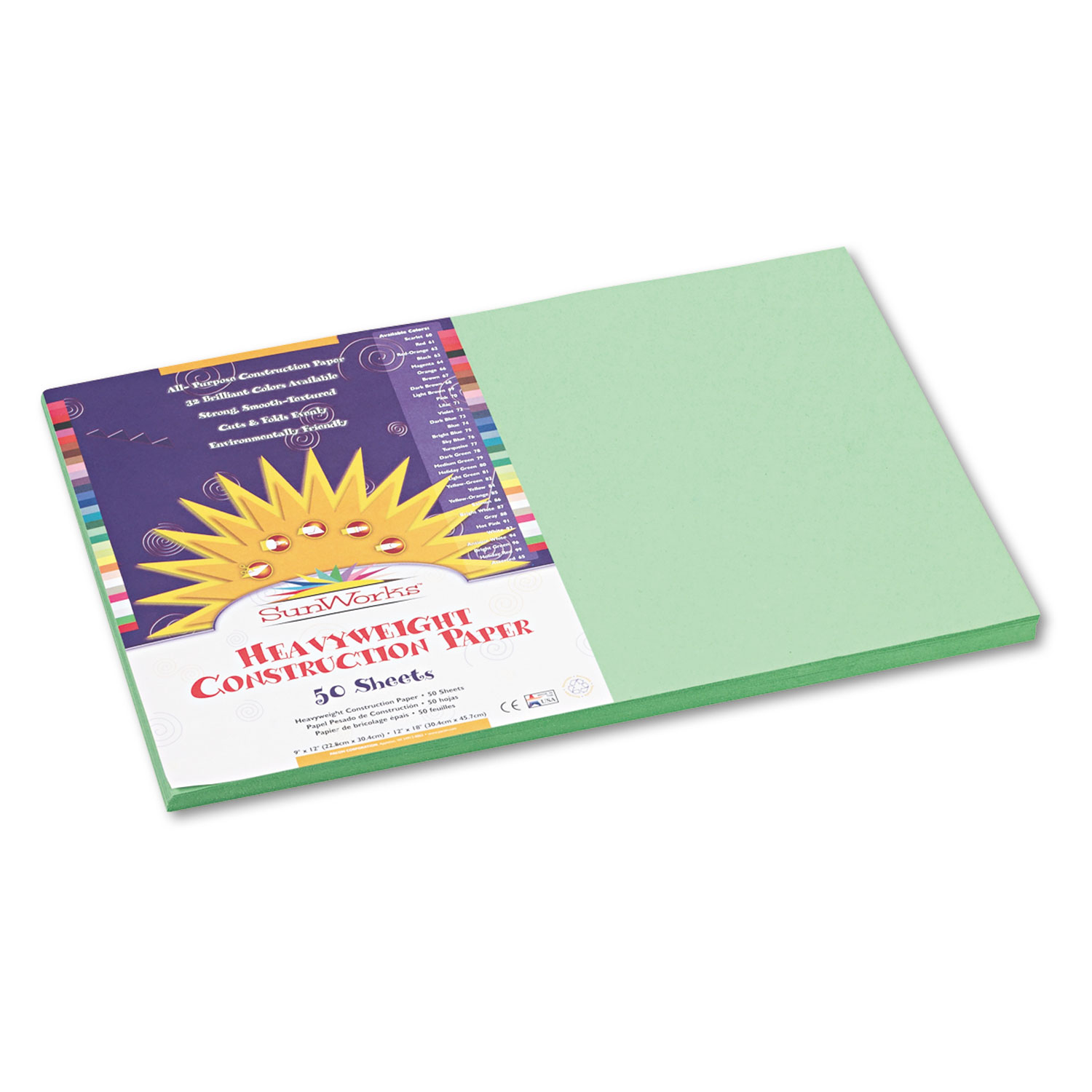  SunWorks 8107 Construction Paper, 58lb, 12 x 18, Light Green, 50/Pack (PAC8107) 