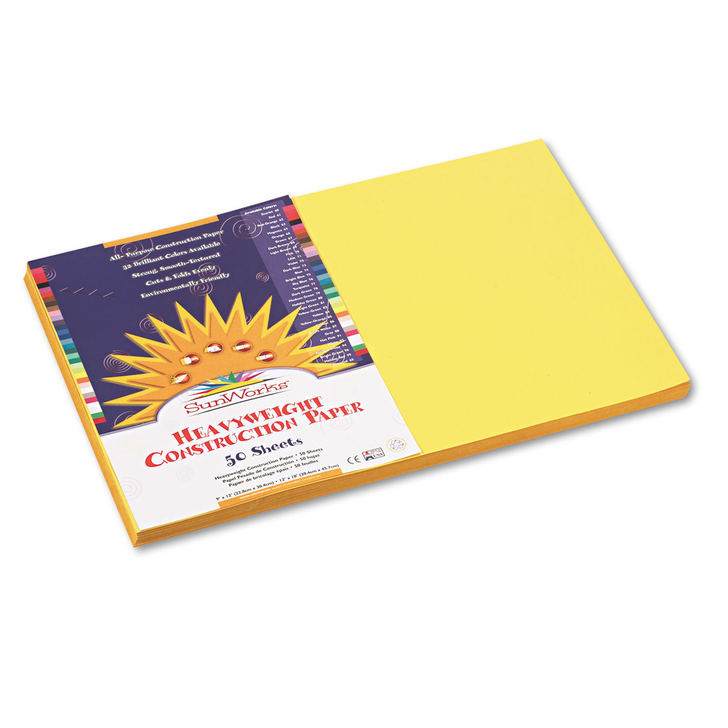  SunWorks 8407 Construction Paper, 58lb, 12 x 18, Yellow, 50/Pack (PAC8407) 