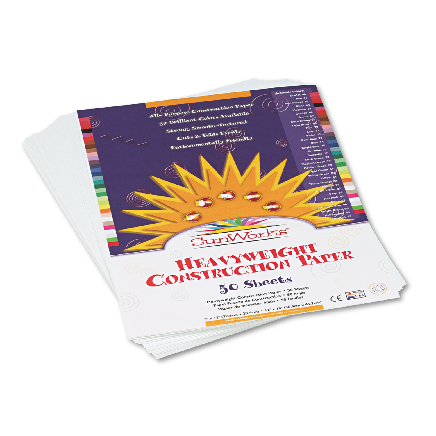  SunWorks 8703 Construction Paper, 58lb, 9 x 12, Bright White, 50/Pack (PAC8703) 