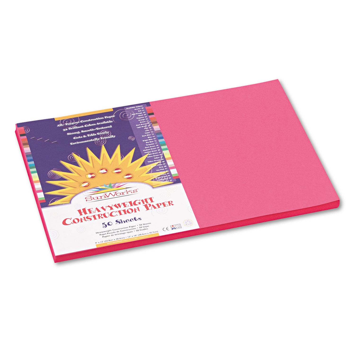  SunWorks 9107 Construction Paper, 58lb, 12 x 18, Hot Pink, 50/Pack (PAC9107) 