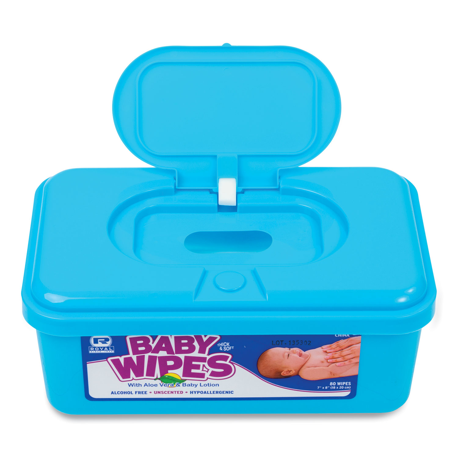 AmerCareRoyal® Baby Wipes Tub, Unscented, White, 80/Tub, 12 Tubs/Carton New System