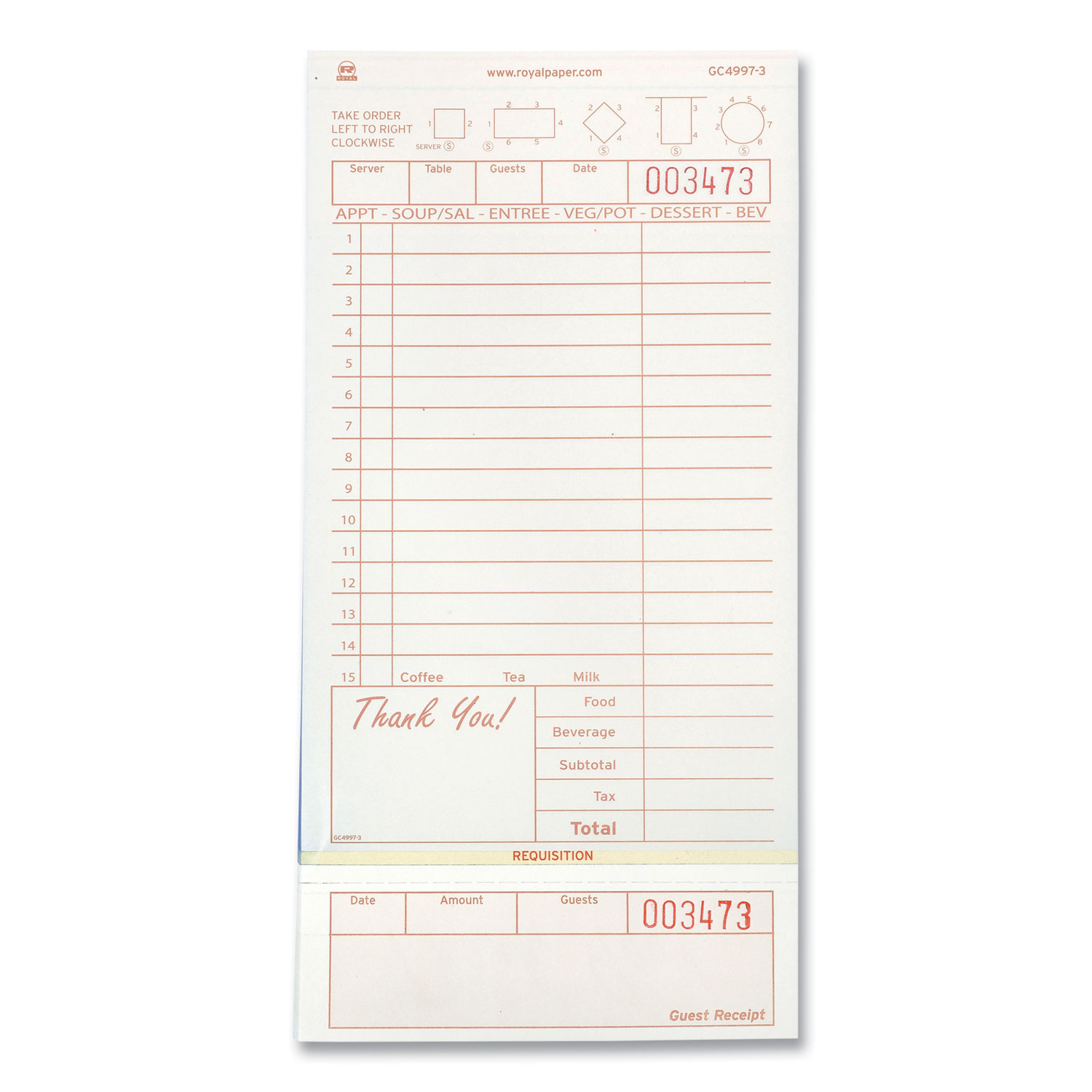 Guest Check Loose-Pack Refill, 15 Lines, Three-Part Carbonless, 4.2 x 8.5, 200 Forms/Pad, 10 Pads/Carton