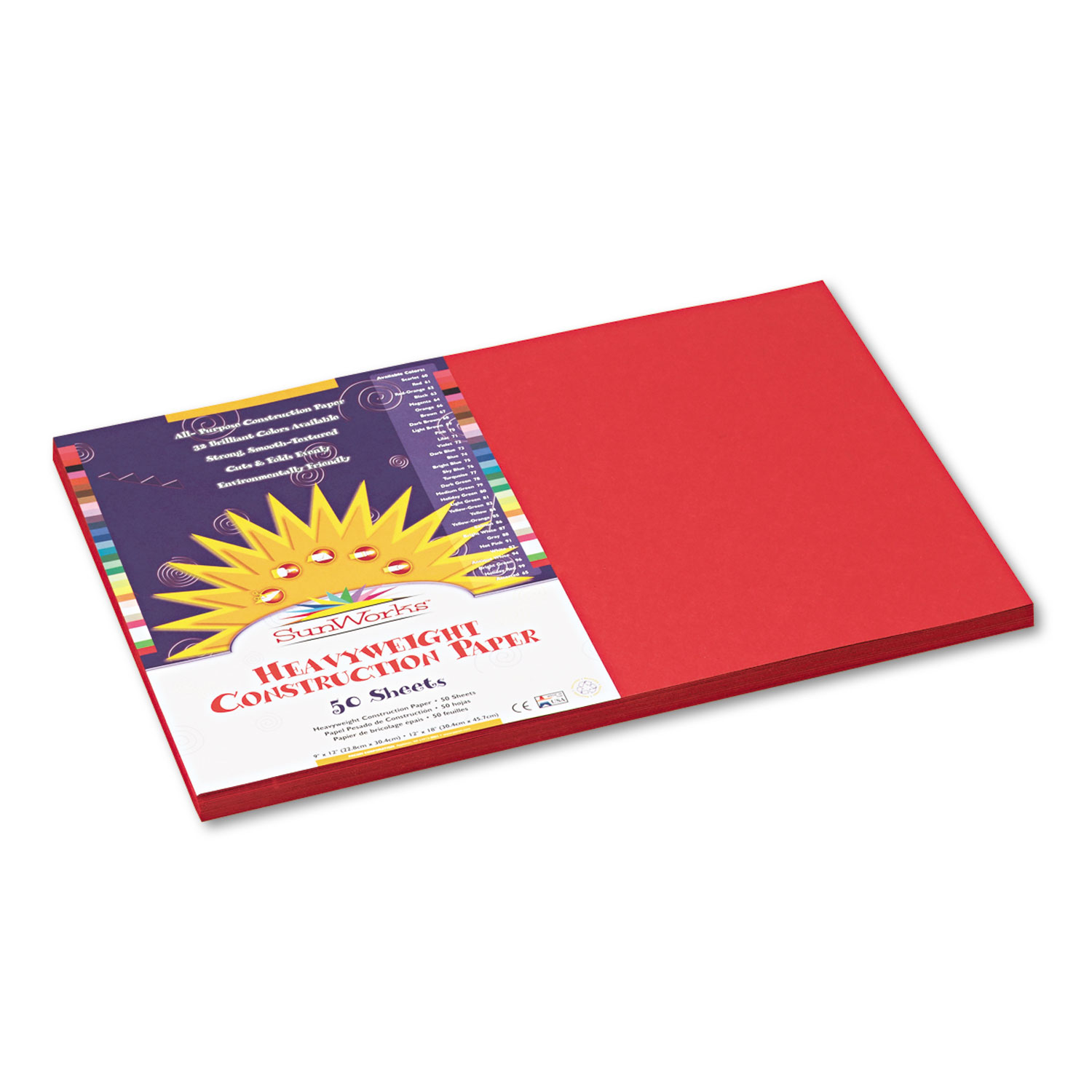  SunWorks P6107 Construction Paper, 58lb, 12 x 18, Red, 50/Pack (PACP6107) 