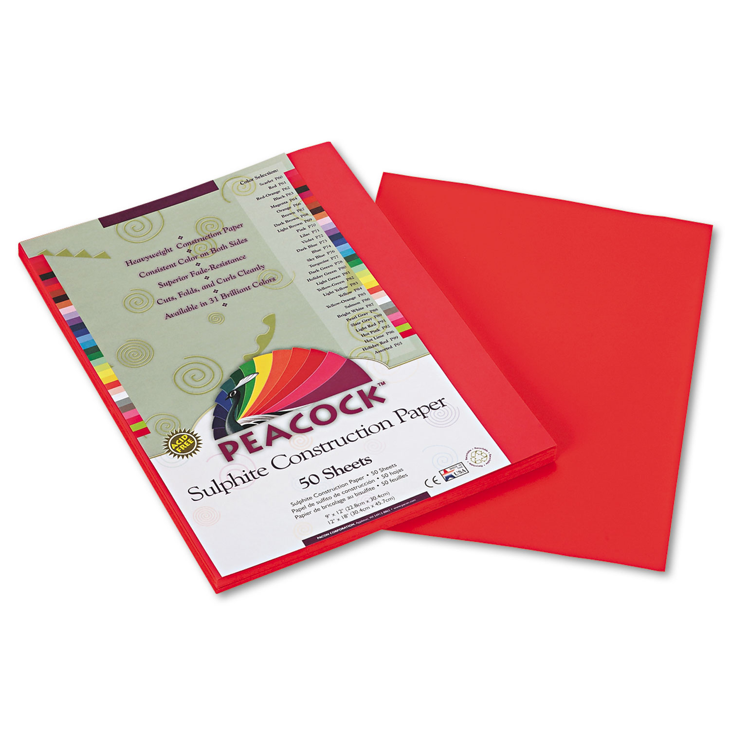 Peacock Sulphite Construction Paper, 76 lbs., 9 x 12, Red, 50 Sheets/Pack