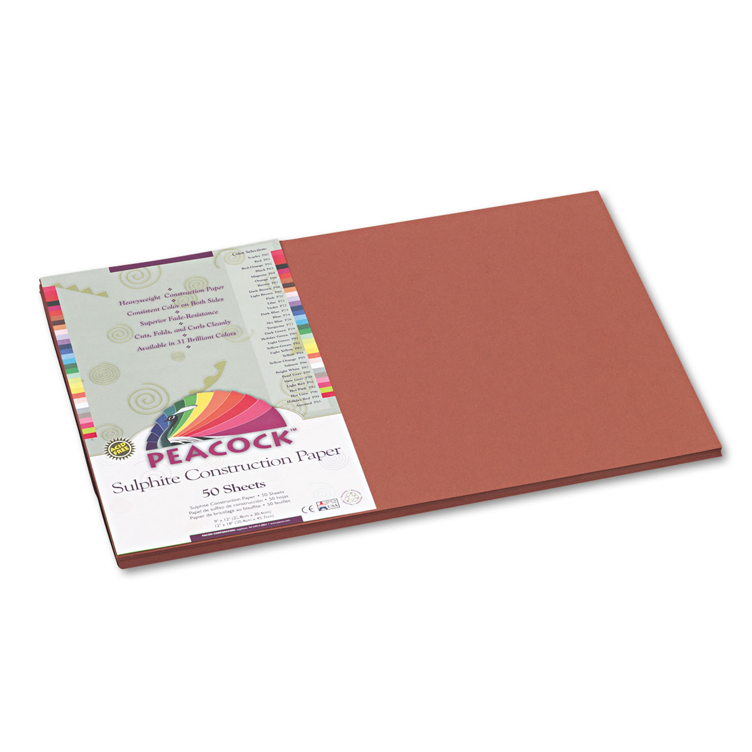 Peacock Sulphite Construction Paper, 76 lbs., 12 x 18, Brown, 50 Sheets/Pack