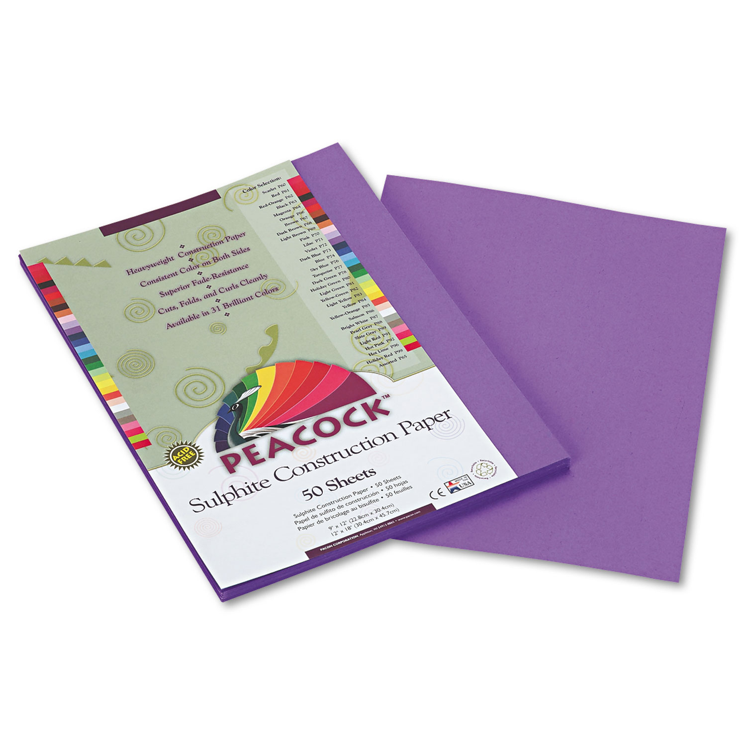 Peacock Sulphite Construction Paper, 76 lbs., 9 x 12, Violet, 50 Sheets/Pack