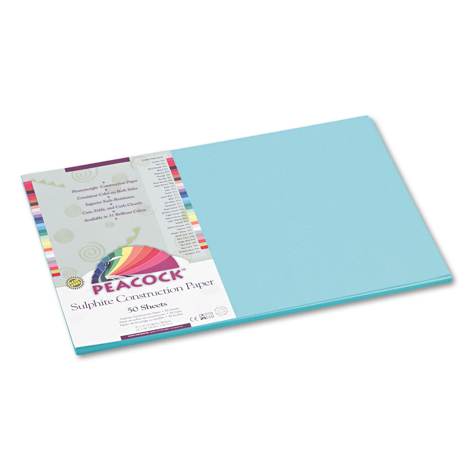 Peacock Sulphite Construction Paper, 76 lbs., 12 x 18, Turquoise, 50 Sheets/Pack