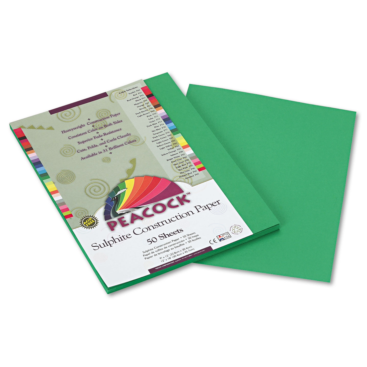 Peacock Sulphite Construction Paper, 76 lbs, 9 x 12, Holiday Green, 50 Shts/Pk