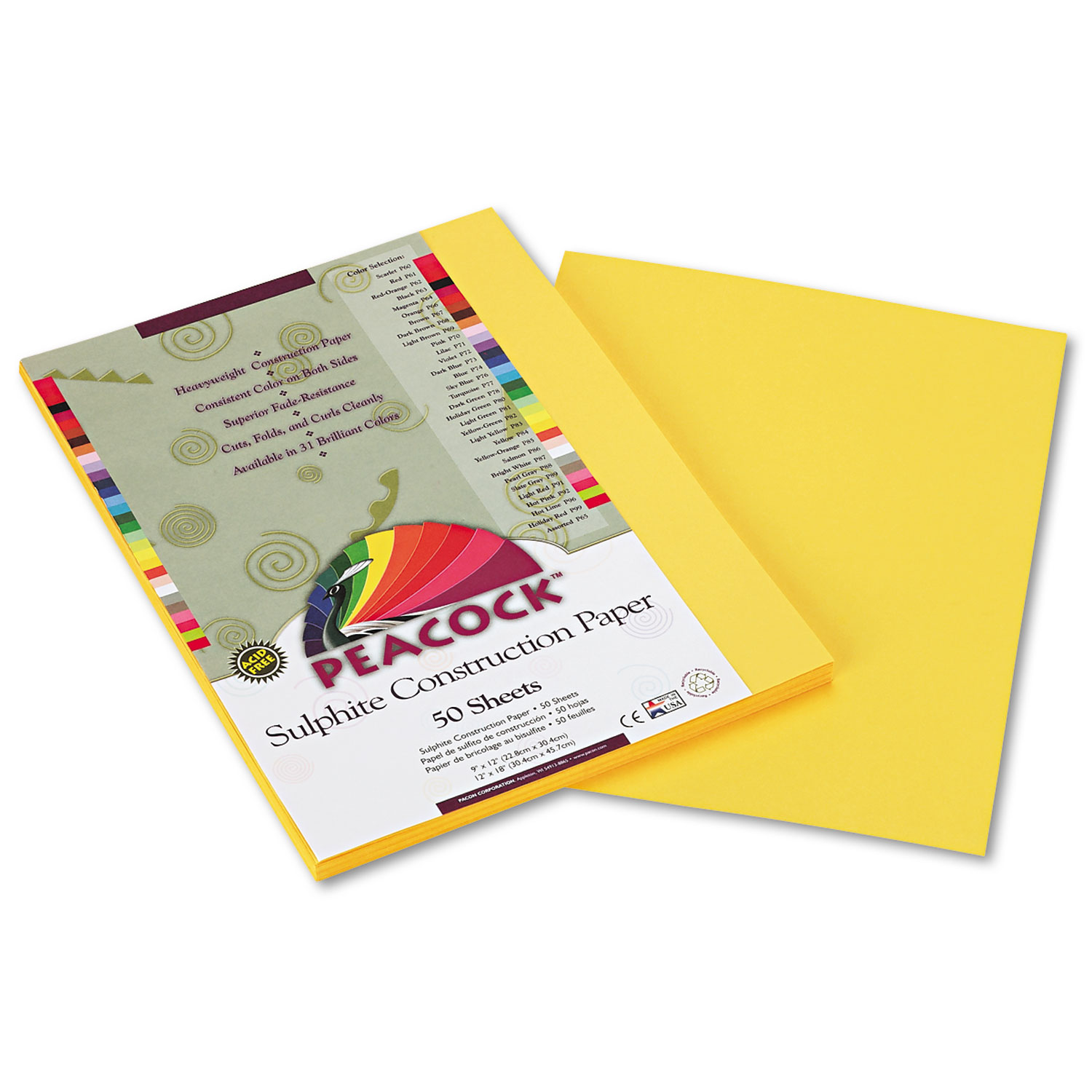 Peacock Sulphite Construction Paper, 76 lbs., 9 x 12, Yellow, 50 Sheets/Pack