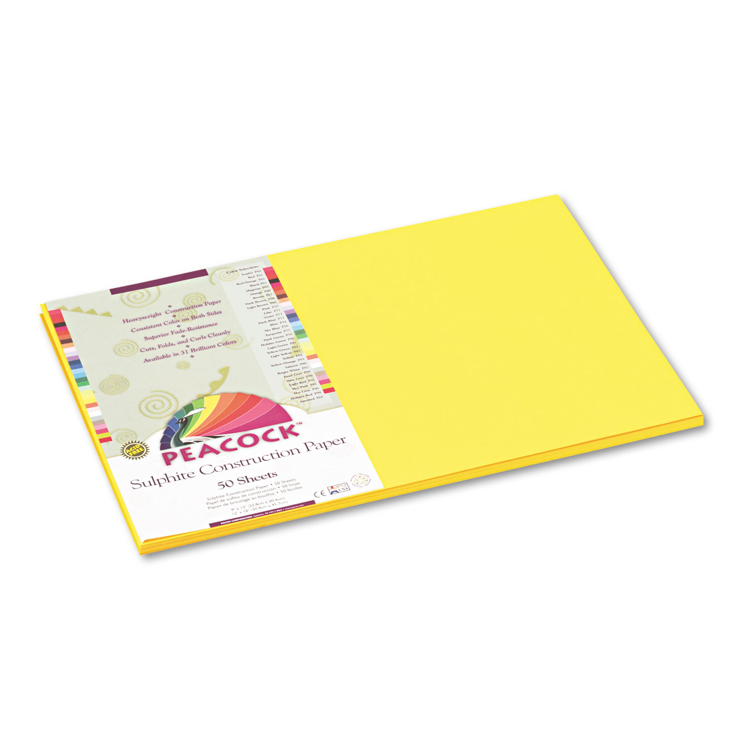 Peacock Sulphite Construction Paper, 76 lbs., 12 x 18, Yellow, 50 Sheets/Pack