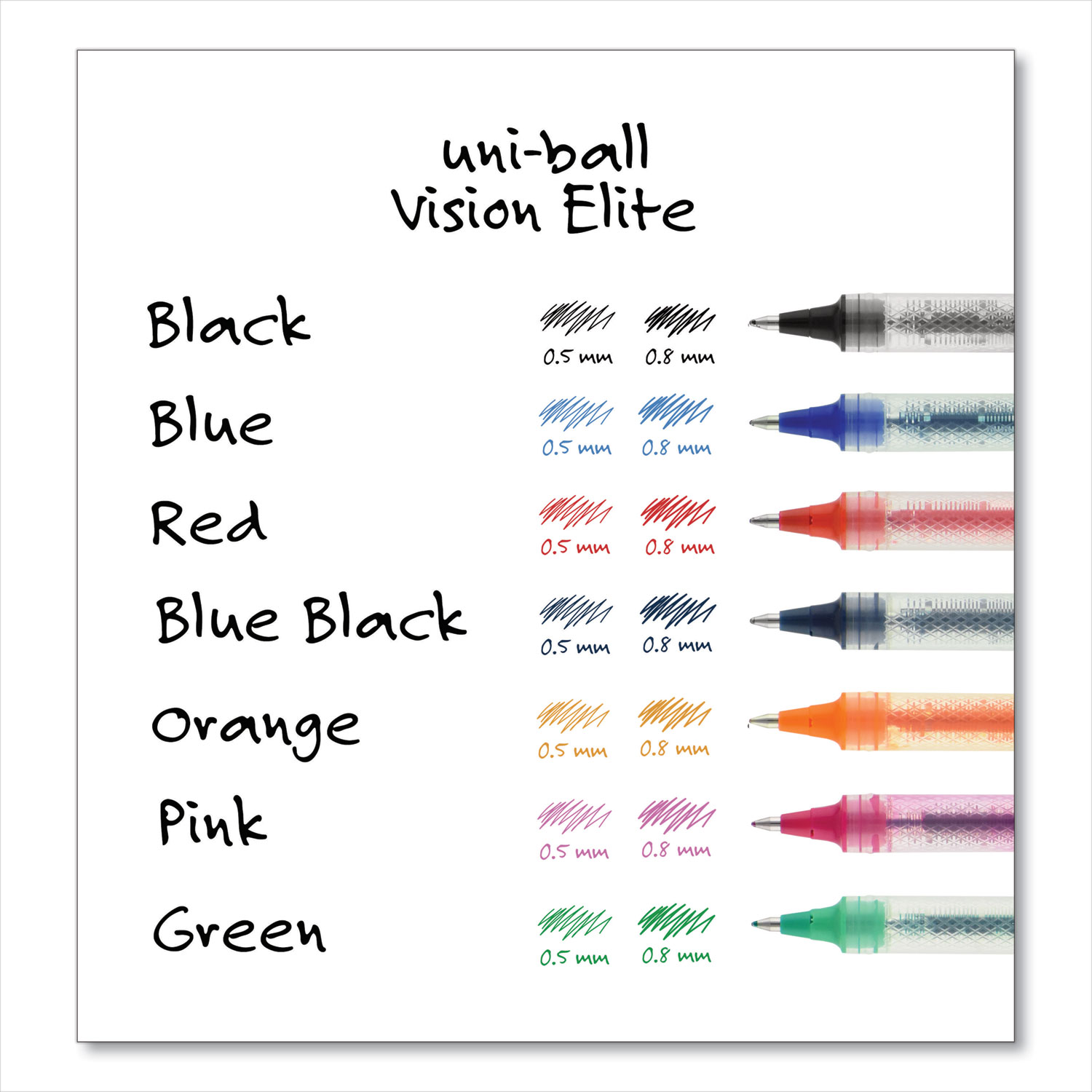 Bold Point 0.8mm Black Ink Pack of 6 Uni-Ball Vision Elite Designer Series Rollerball Stick Pens 